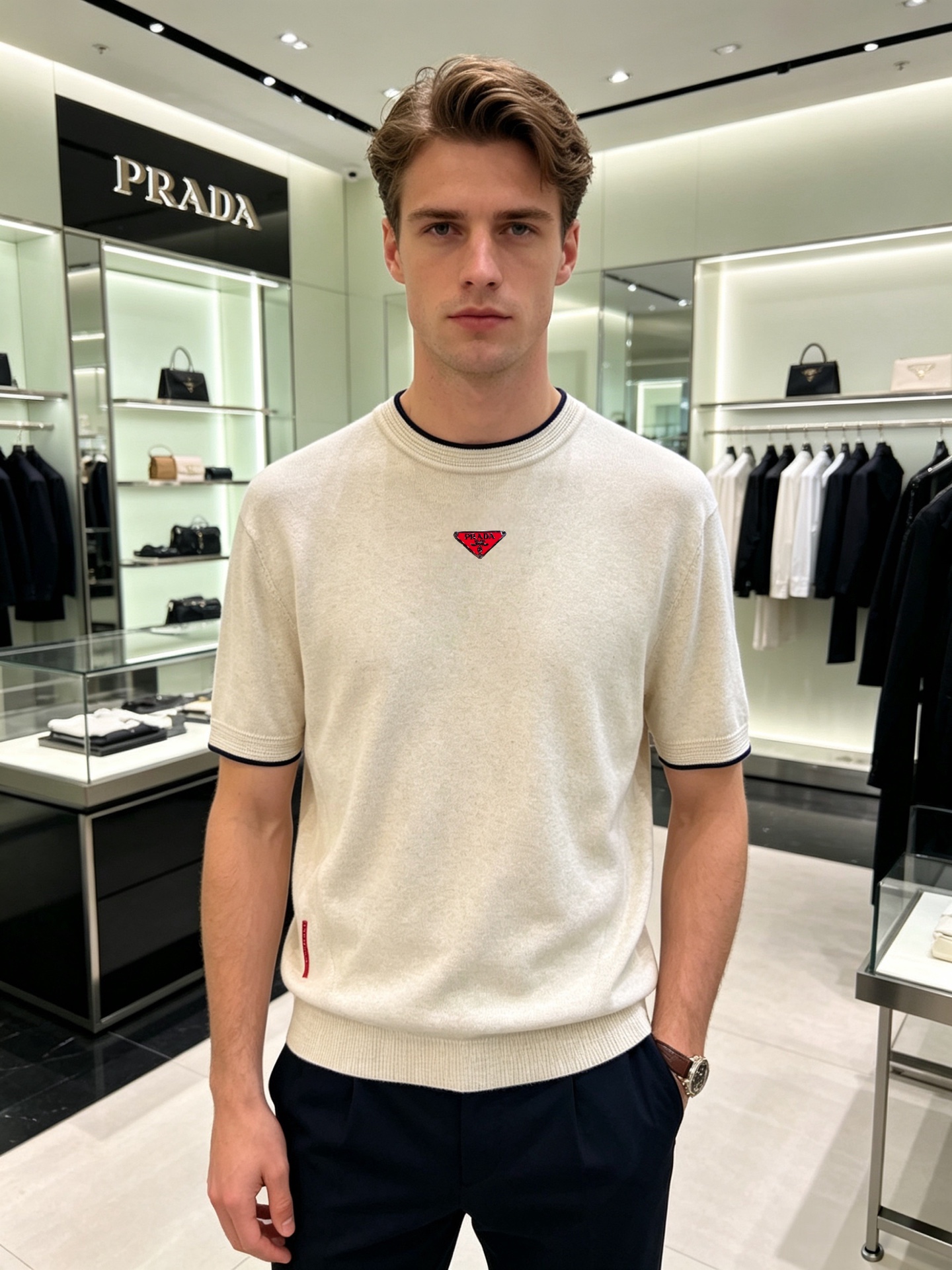 NO:838169,prada/Prada 2026 spring and summer new products, complete with three labels, round neck sweater, short-sleeved T-shirt, old money style series, good products need not be introduced too much, look at the details, counter size M-XXXL 175/140, recommended L,, prada, prada, T-shirt, tees, t-shirt,19860909prada/普拉达 2026年春夏新品上新 三标齐全 圆领针织衫短袖T恤 老钱风系列 好货不用过多介绍 看细节 专柜码数M-XXXL 175/140建议L,,prada,prada,T-shirt,tees，t-shirt,,Men's clothing