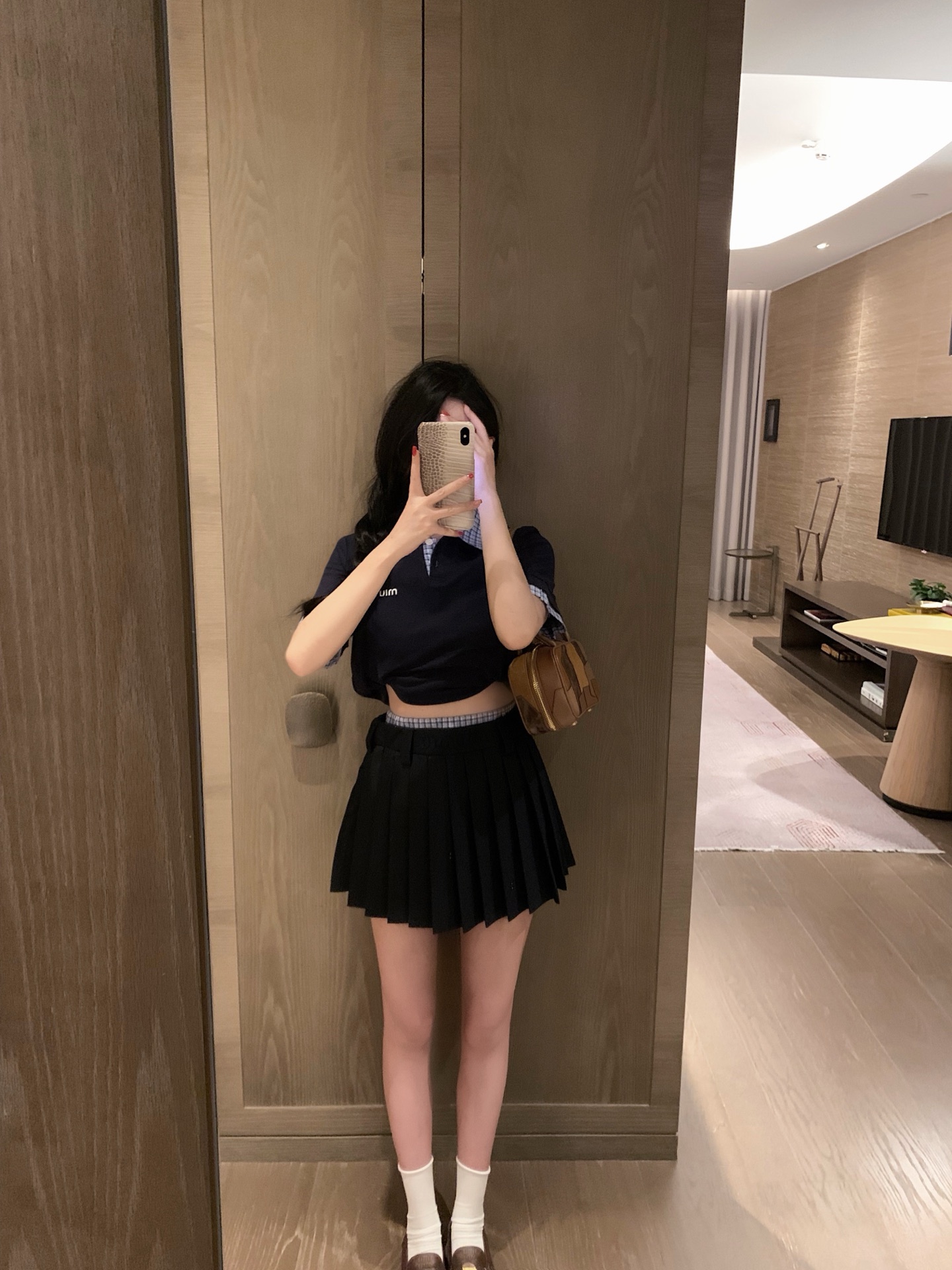 Miu Miu Embroidered Logo Polo Shirt & Pleated Skirt Set, Navy/Black, S-L