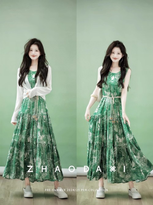 Elegant Linen Maxi Dress with Handwoven Belt, Sleeveless, Green Floral Print 1 Elegant Linen Maxi Dress with Handwoven Belt, Sleeveless, Green Floral Print