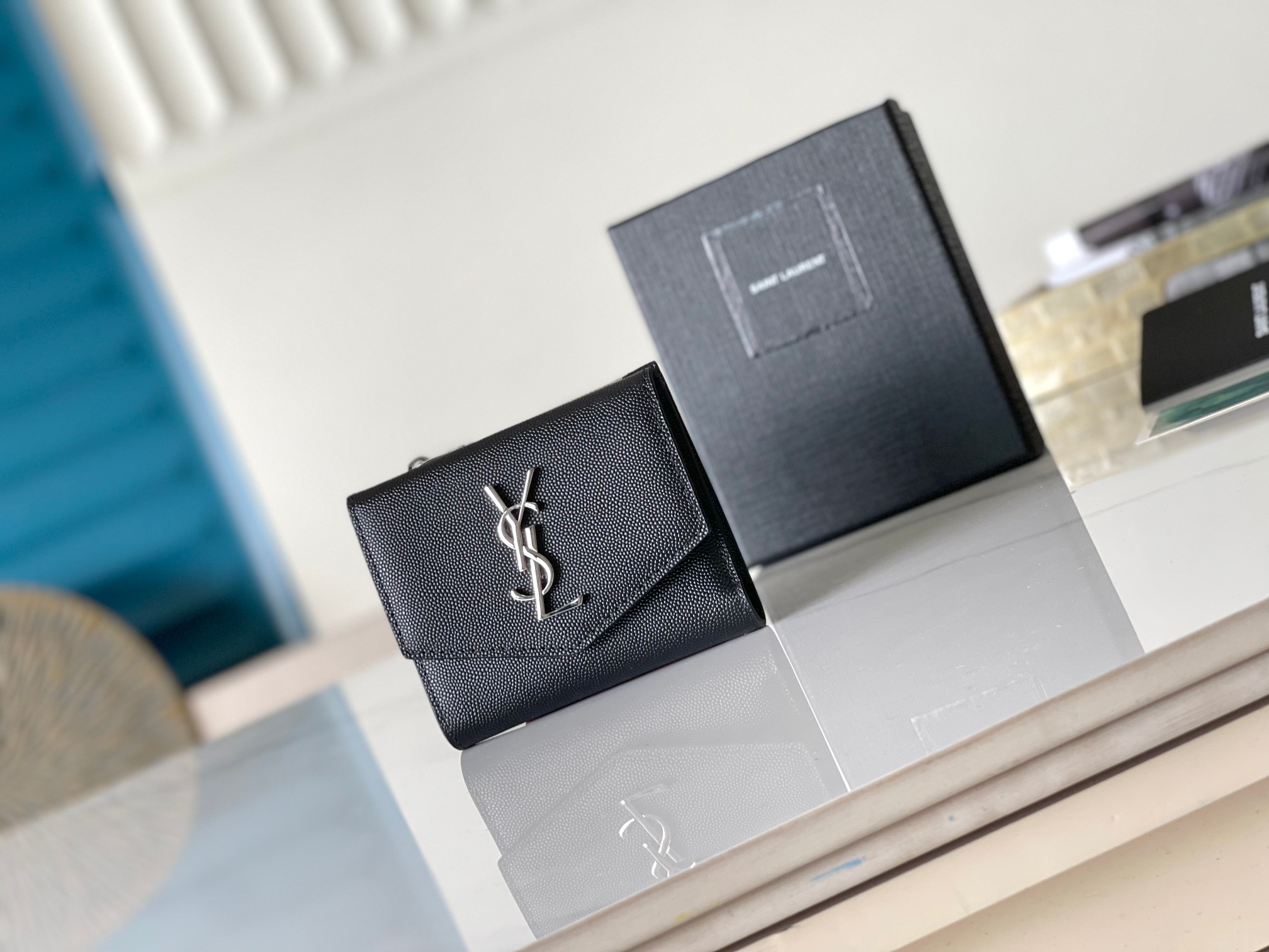 YSL Coin Card Holder Top-Grain Leather Caviar Texture Snap Button Multi-Card Slots