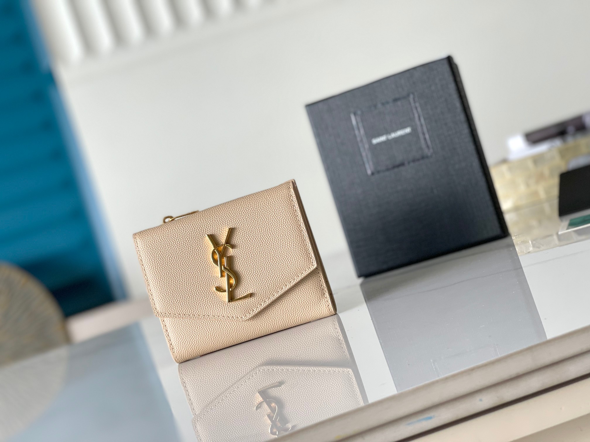 YSL coin card holder top-grain leather caviar snap button multi card slots