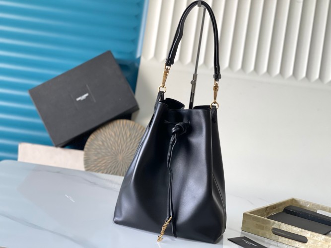 Yves Saint Laurent Black & Gold Leather Bucket Bag | Adjustable Strap