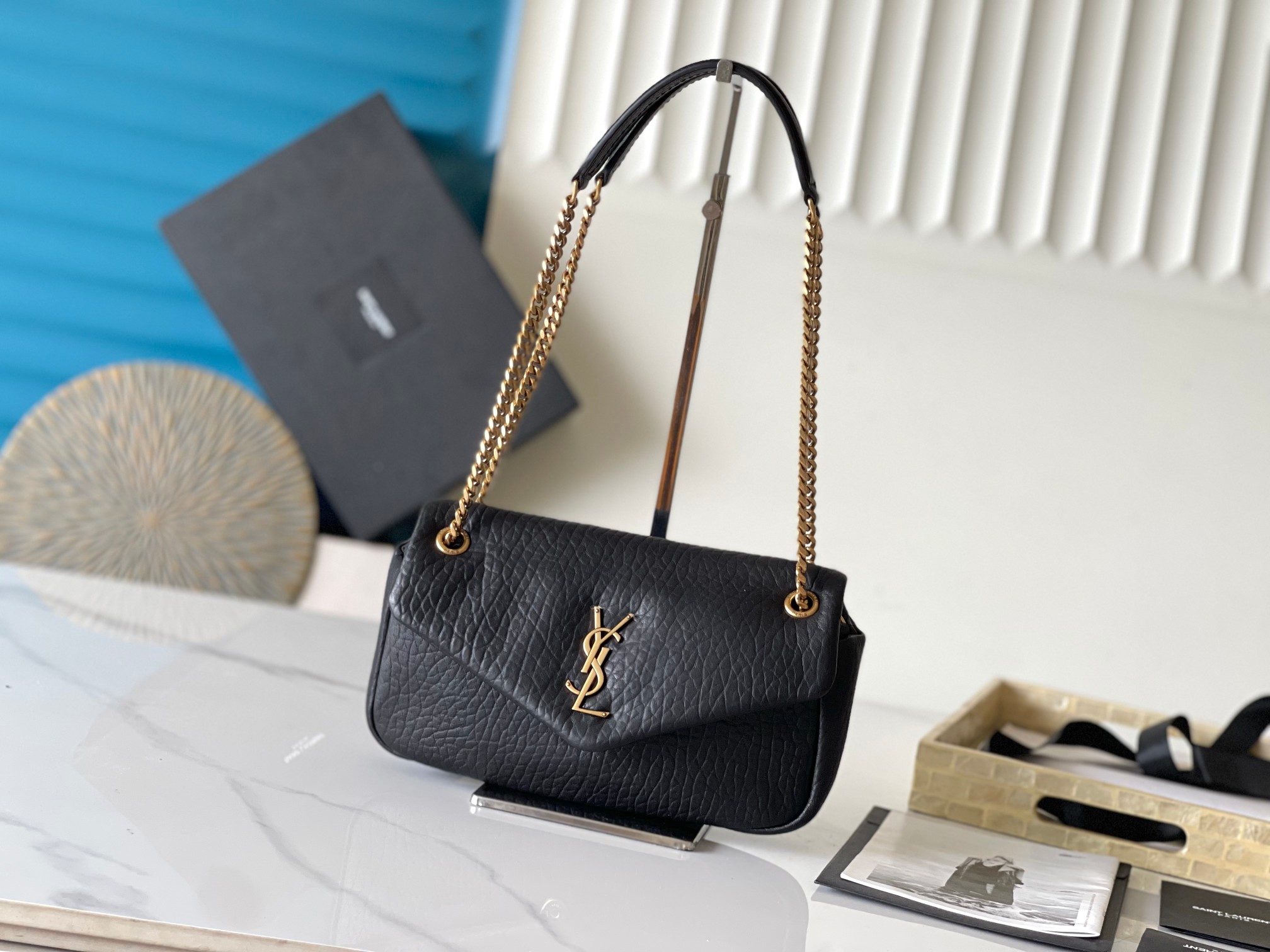 CALYPSO Elephant-Texture Lambskin Chain Bag Magnetic Snap Closure Zippered Interior Pocket