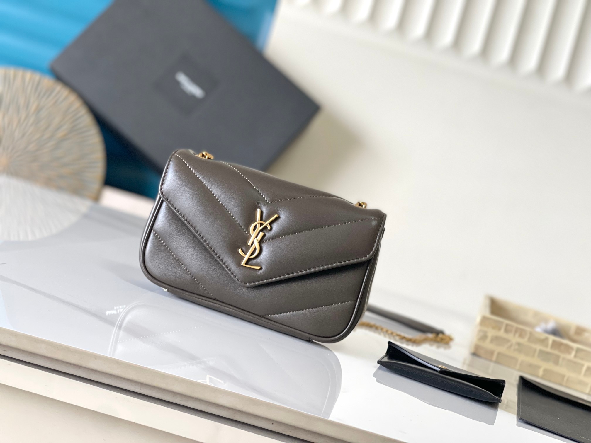 LouLou Mini Lambskin Envelope Bag Herringbone Quilted Chain Card Holder