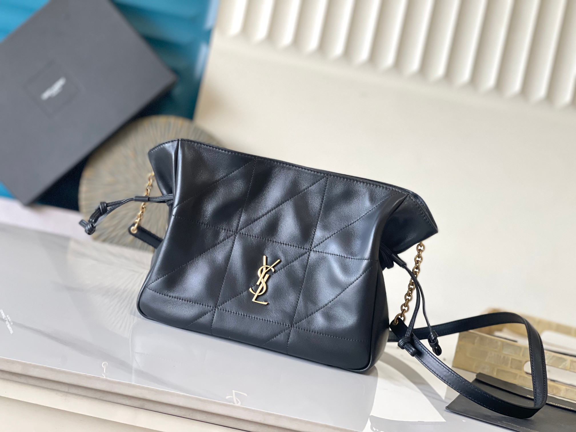 YSL 黑羊皮 古金 菱格 抽绳 斜挎 福袋 小号