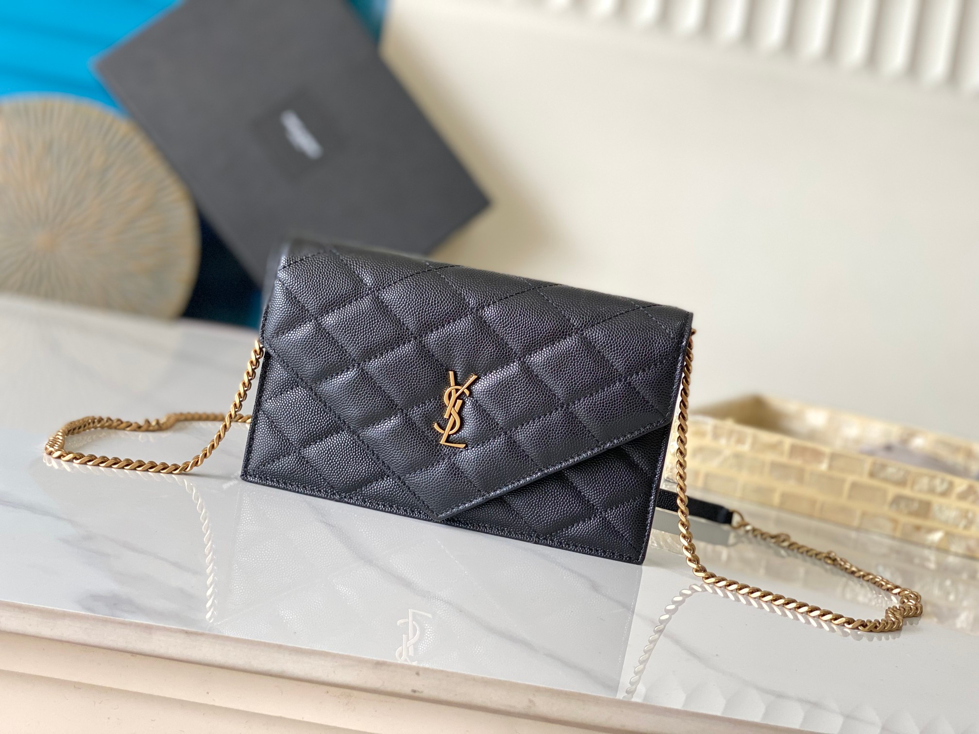 YSL Envelope Chain Bag Black Gold Hardware Quilted