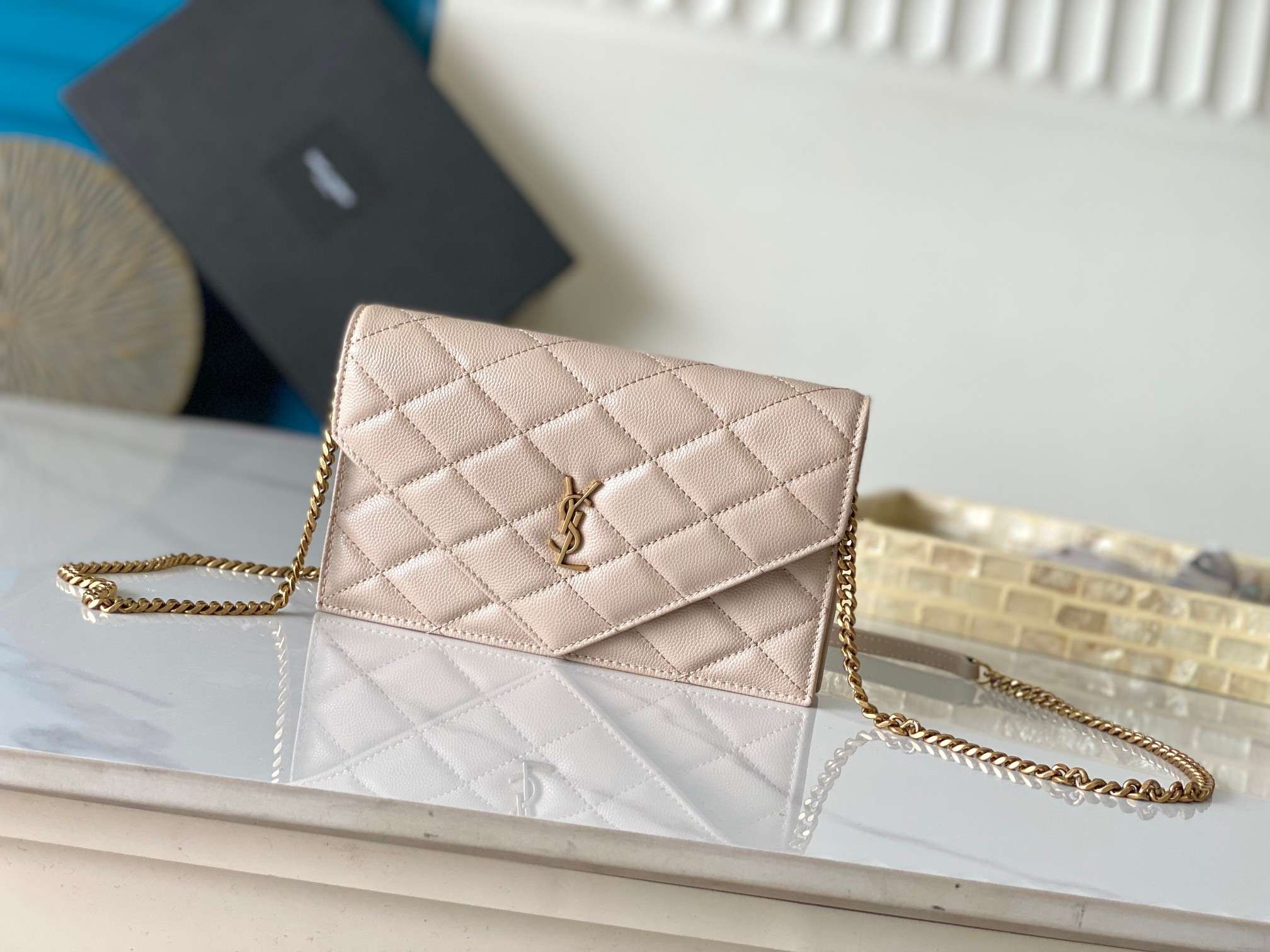Envelope Quilted Chain Bag Apricot Gold Hardware