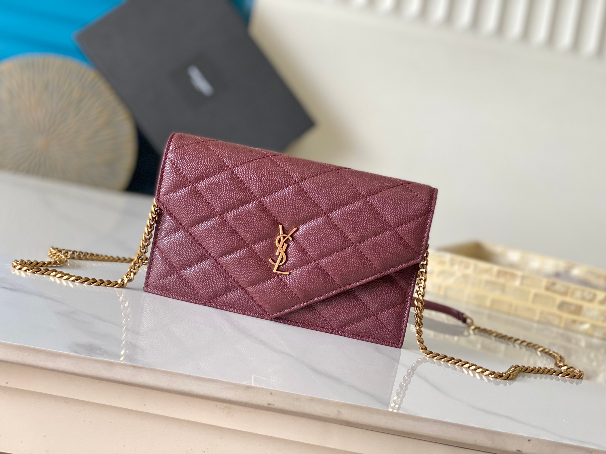YSL Envelope Chain Bag Quilted Burgundy Gold Hardware