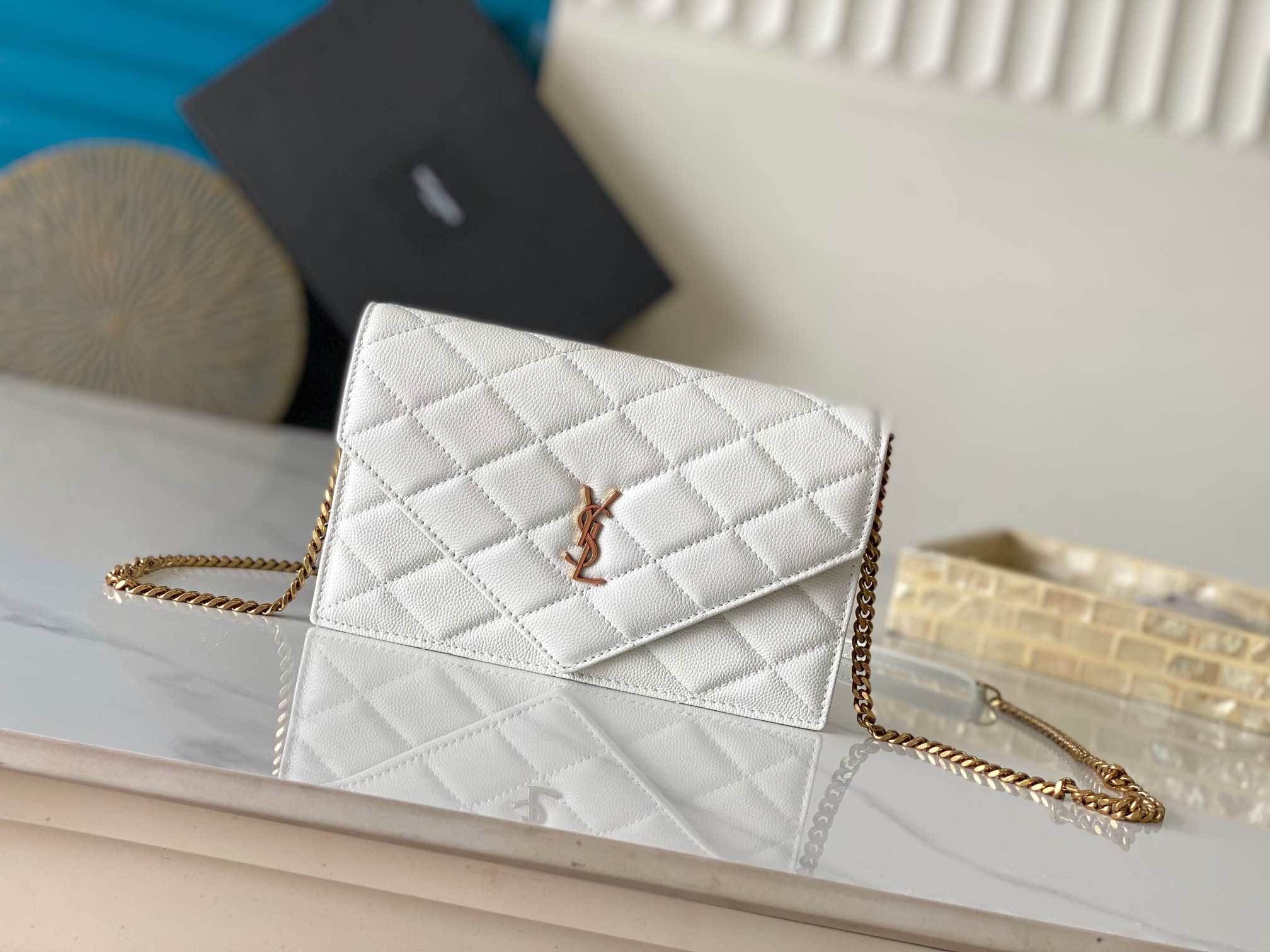 YSL Envelope Chain Bag Quilted White Gold Hardware