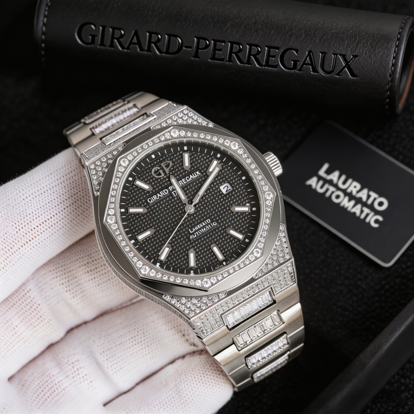 NO:764828,Same price as Girard-Perregaux GP Laureato Chronograph L39 42mm chronograph watch made of stainless steel, stainless steel case, diameter 42mm, thickness 10.8mm sapphire mirror, Paris button dial, baton hands, equipped with imported automatic winding movement, power reserve of 46 hours, stainless steel/leather strap, body set with diamonds, stainless steel three-spoke buckle, waterproof 100 meters.,,girard19860909同价Girard-Perregaux 芝柏GP Laureato Chronograph L39 桂冠系列42毫米计时腕表 精钢材质精钢表壳,直径42mm,厚度10.8mm蓝宝石表镜,巴黎钮钉表盘,棒状指针,搭载进口自动上链机芯,动力存储46小时,精钢/真皮表带,带身镶钻,精钢三辐式表扣,防水100米.,,girard,Watch
