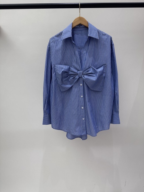 Blue and White Striped Bow Blouse, Casual Long Sleeve Button Down Shirt 1 Blue and White Striped Bow Blouse, Casual Long Sleeve Button Down Shirt
