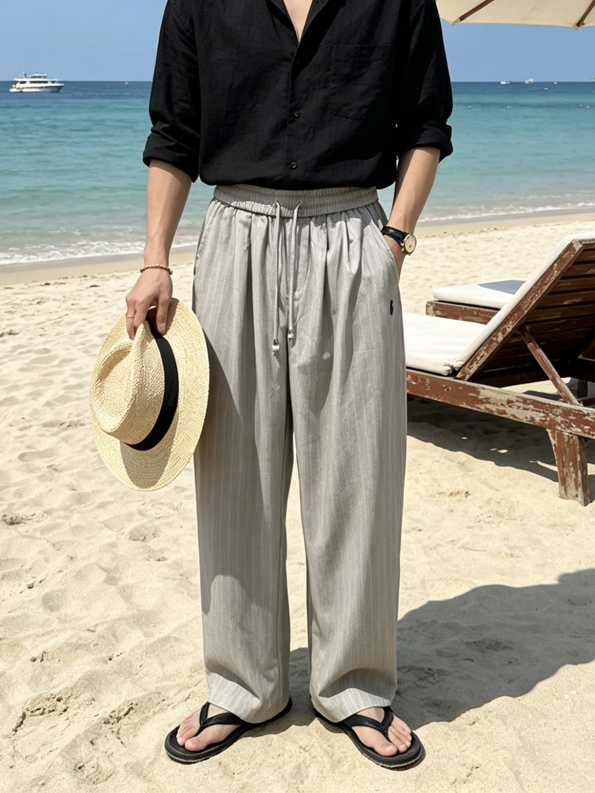 NO:841077,POLO RALPH LAUREN vertical striped drapey wide-leg pants. Core highlights. Available in two colors: light gray, refreshing and neat, and dark gray, advanced and slimming. Suitable for a variety of wearing scenarios. The vertical striped texture design of the drape fabric has its own visual slimming effect. The fabric is drapey and breathable, keeping the upper body fresh and not sweaty.  Comfortable version with high waist and elastic waist + adjustable drawstring, which does not tighten the waist and does not pick the waistline; loose straight wide leg cut, hides the flesh and slims down, modifies the leg shape, and has a lazy and relaxed feeling. Detailed texture and exquisite pony logo embroidery on the side, low-key brand recognition; back patch pocket design, taking into account both practicality and beauty. Versatile attribute, suitable for matching shirts, T-shirts, suits, easily create light business or casual style. Sizes S-XL,, loro  piana,shirts,tees,t-shirt,business suit,19860909POLO RALPH LAUREN 拉夫劳伦 竖条纹垂感阔腿裤  核心亮点 双色可选浅灰清爽利落、深灰高级显瘦,适配多种穿搭场景 垂感面料竖条纹肌理设计,自带视觉显瘦效果,面料垂顺透气,上身清爽不闷汗 舒适版型高腰松紧腰+可调节抽绳,不勒腰不挑腰围；宽松直筒阔腿剪裁,藏肉显瘦,修饰腿型,自带慵懒松弛感 细节质感侧边精致小马标刺绣,低调彰显品牌辨识度；后贴袋设计,兼顾实用性与美观度 百搭属性搭配衬衫、T恤、西装都适配,轻松打造轻商务或休闲风穿搭 尺码S-XL,,loro piana,shirts,tees，t-shirt,business suit,,Men's clothing