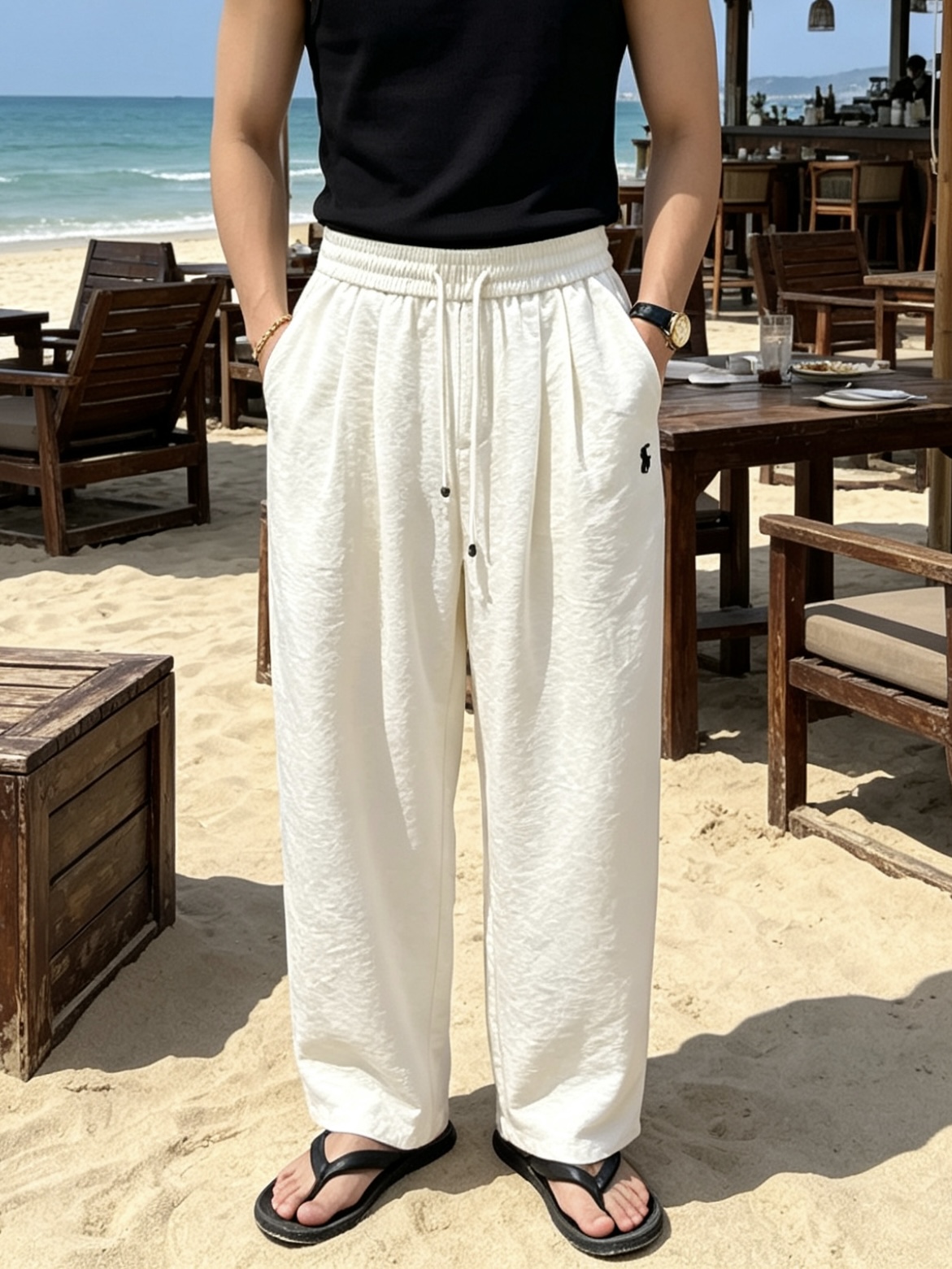 NO:841072,POLO RALPH LAUREN Tencel and linen drapey wide-leg pants. Core highlights. Available in two colors: soft milky white, refreshing and age-reducing, classic pure black, versatile and slimming. Suitable for various summer dressing scenes. Cool-feeling fabric, Tencel and linen blended material, with its own texture and drape. It is light and breathable, not sweaty, and has a cool feeling on the upper body.  Comfortable high-waisted elastic waist + adjustable drawstring design, which does not tighten the waist or pick the waistline; loose straight wide-leg cut, hides the body, slims down, modifies the leg shape, and has a lazy and relaxed feeling. Detailed texture and exquisite pony logo embroidery on the side, low-key brand recognition; back waist patch pocket design, taking into account both practicality and beauty. Versatile attribute, suitable for matching shirts, T-shirts, and suspenders, and can be easily used in leisure, commuting, and vacation scenes. Sizes S-XL, loro  piana,shirts,tees,t-shirt,19860909POLO RALPH LAUREN 拉夫劳伦 天丝亚麻垂感阔腿裤  核心亮点 双色可选温柔奶白清爽减龄、经典纯黑百搭显瘦,适配夏日多种穿搭场景 凉感面料天丝亚麻混纺材质,自带肌理感与垂坠感,轻薄透气不闷汗,上身自带凉感 舒适版型高腰松紧腰+可调节抽绳设计,不勒腰不挑腰围；宽松直筒阔腿剪裁,藏肉显瘦,修饰腿型,自带慵懒松弛感 细节质感侧边精致小马标刺绣,低调彰显品牌辨识度；后腰贴袋设计,兼顾实用性与美观度 百搭属性搭配衬衫、T恤、吊带都适配,休闲、通勤、度假场景都能轻松驾驭 尺码S-XL,,loro piana,shirts,tees，t-shirt,,Men's clothing