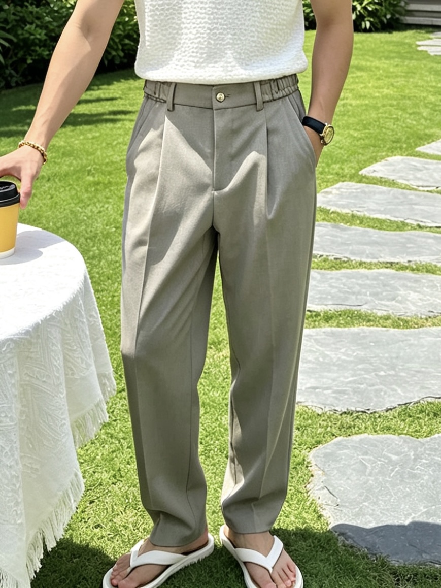 NO:858924,LOEWE light luxury commuter double-pleat drape straight trousers, men's business casual adjustable waist trousers, sizes S-XL, made of high-count worsted drape suit fabric, smooth and crisp to the touch, anti-wrinkle and non-ironing, not easy to deform, breathable and skin-friendly, not stuffy and sweaty, easy to take care of in daily life, taking into account comfort and brand-level high-end wearing texture  The classic high-waisted double-pleat tailoring optimizes the waist-to-hip ratio and modifies the leg shape for a more streamlined appearance; the semi-elastic design of the waist is matched with metal adjustment tabs on both sides to adapt to different waist sizes and improve the freedom of wearing; brand-textured metal buttons are embellished, and the side diagonal pockets are practical. The full-length straight-leg pants are not flattering on the figure, easily creating slender and neat leg lines, and are suitable for a variety of shoe types  Three classic colors are available, which can be paired with shirts, Polo shirts, sweaters and other tops of the same brand. It is suitable for business commuting, daily leisure, light business gatherings and other diverse scenes, showing LOEWE's low-key luxury style and simple high-end texture.,loewe,loewe,shirts,business suit,19860909罗意威LOEWE 轻奢通勤双褶垂感直筒西裤 男士商务休闲可调节腰长裤 尺码S-XL码 采用高支精纺垂感西装面料,触感顺滑挺括,抗皱免烫不易变形,透气亲肤不闷汗,日常好打理,兼顾舒适体感与品牌级高级穿着质感 经典高腰双褶剪裁优化腰臀比例,修饰腿型更显利落；腰部半松紧设计搭配两侧金属调节袢,适配不同腰围,提升穿着自由度；品牌质感金属纽扣点缀,侧边斜插口袋兼具实用性,全长直筒裤型不挑身材,轻松打造修长利落的腿部线条,适配多种鞋型 经典三色可选,可搭配同品牌衬衫、Polo衫、针织衫等上衣,适配商务通勤、日常休闲、轻商务聚会等多元场景,尽显罗意威LOEWE的低调轻奢格调与简约高级质感,,loewe,loewe,shirts,business suit,,Men's clothing