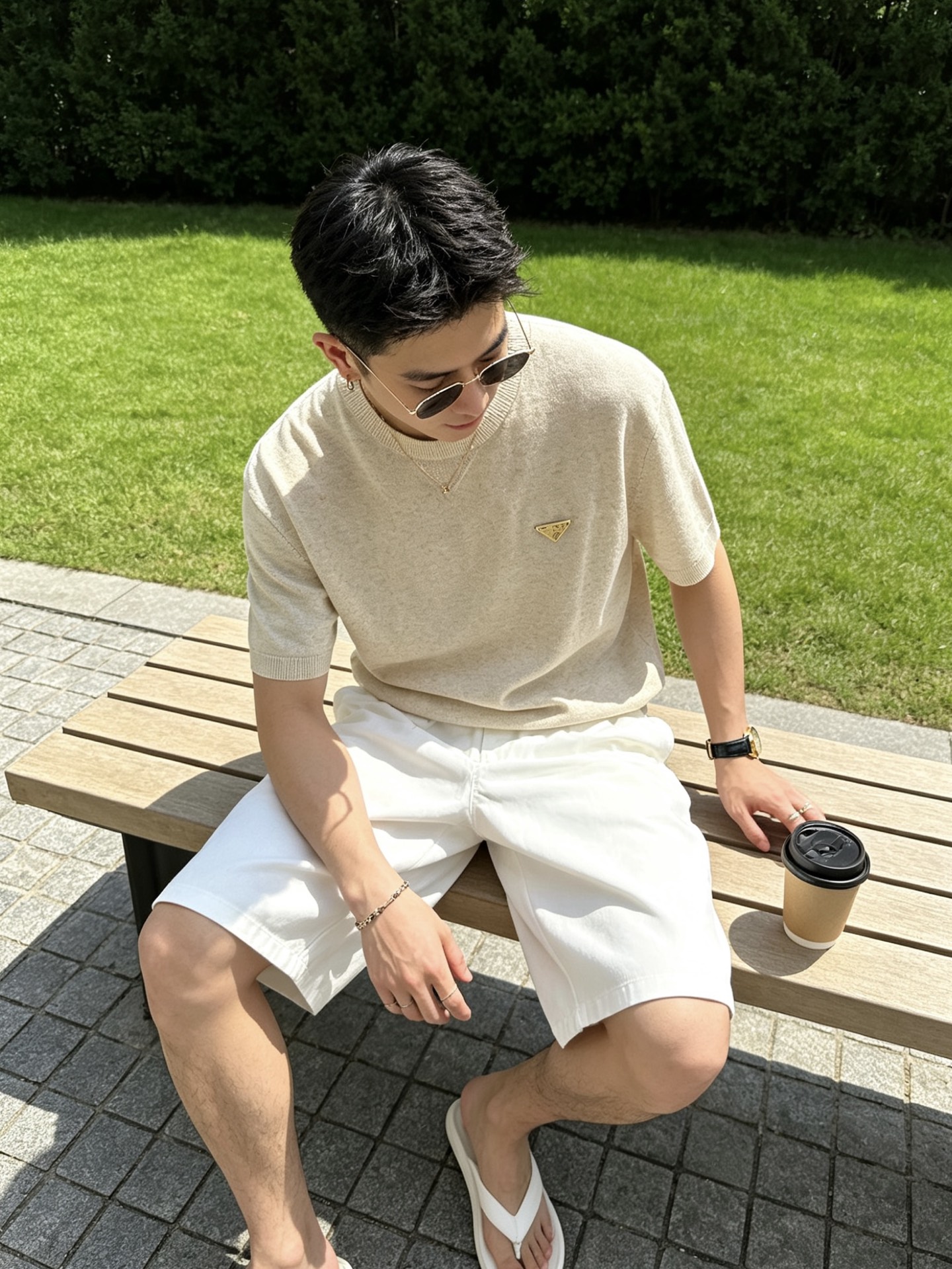 普拉达(PRADA)圆领三角标针织短袖T恤尺码M-3XL｜▫ 麻灰绿/燕麦米两色可选，低饱和色调不挑肤色