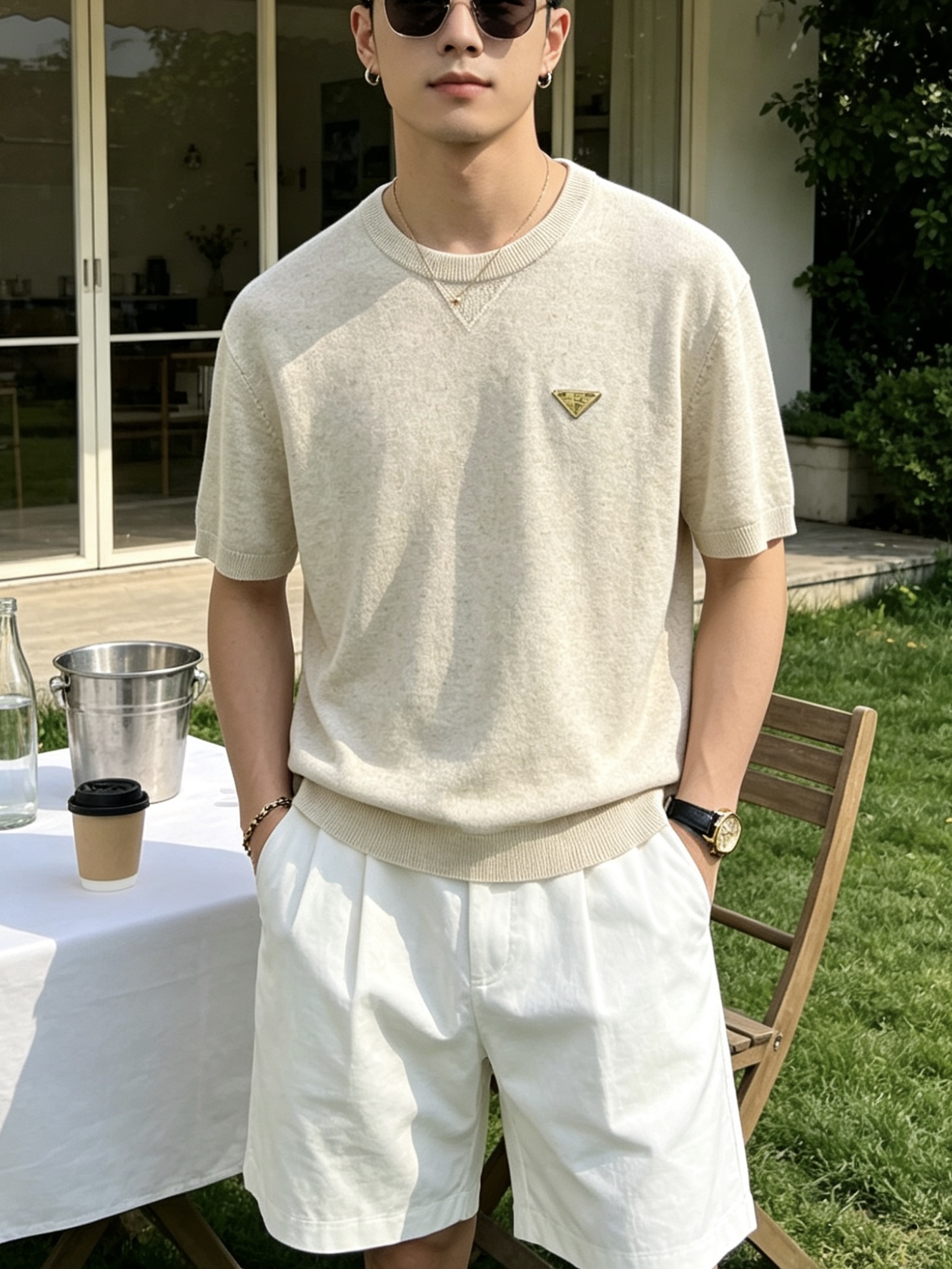 普拉达(PRADA)圆领三角标针织短袖T恤尺码M-3XL｜▫ 麻灰绿/燕麦米两色可选，低饱和色调不挑肤色