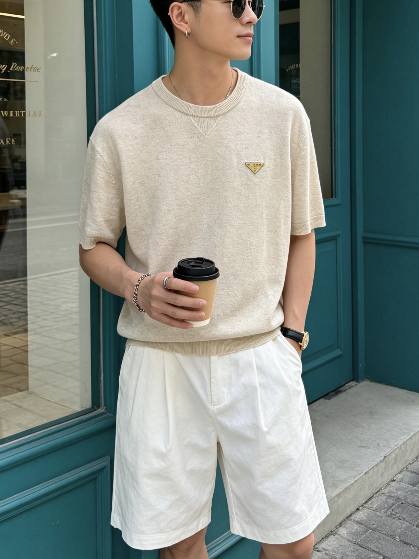 普拉达(PRADA)圆领三角标针织短袖T恤尺码M-3XL｜▫ 麻灰绿/燕麦米两色可选，低饱和色调不挑肤色