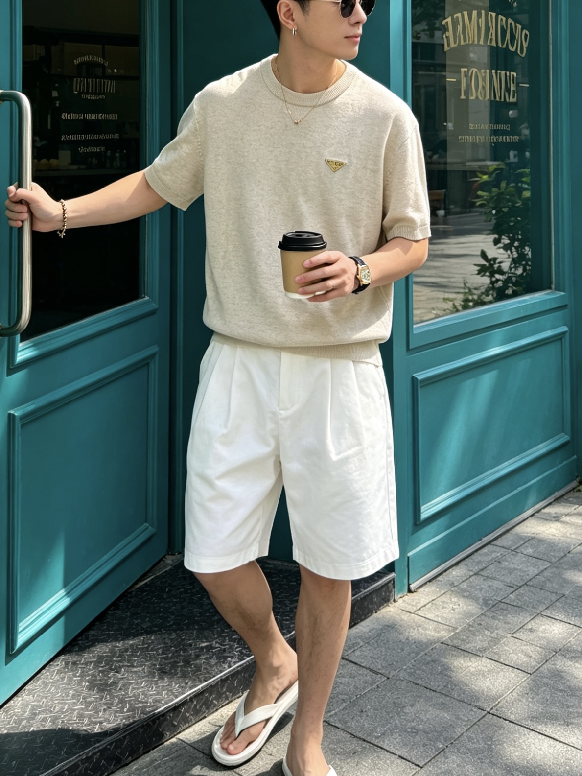 普拉达(PRADA)圆领三角标针织短袖T恤尺码M-3XL｜▫ 麻灰绿/燕麦米两色可选，低饱和色调不挑肤色