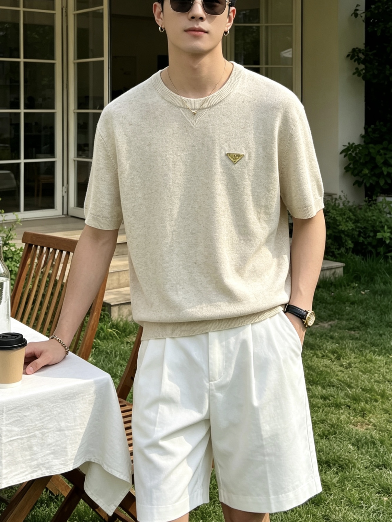 普拉达(PRADA)圆领三角标针织短袖T恤尺码M-3XL｜▫ 麻灰绿/燕麦米两色可选，低饱和色调不挑肤色
