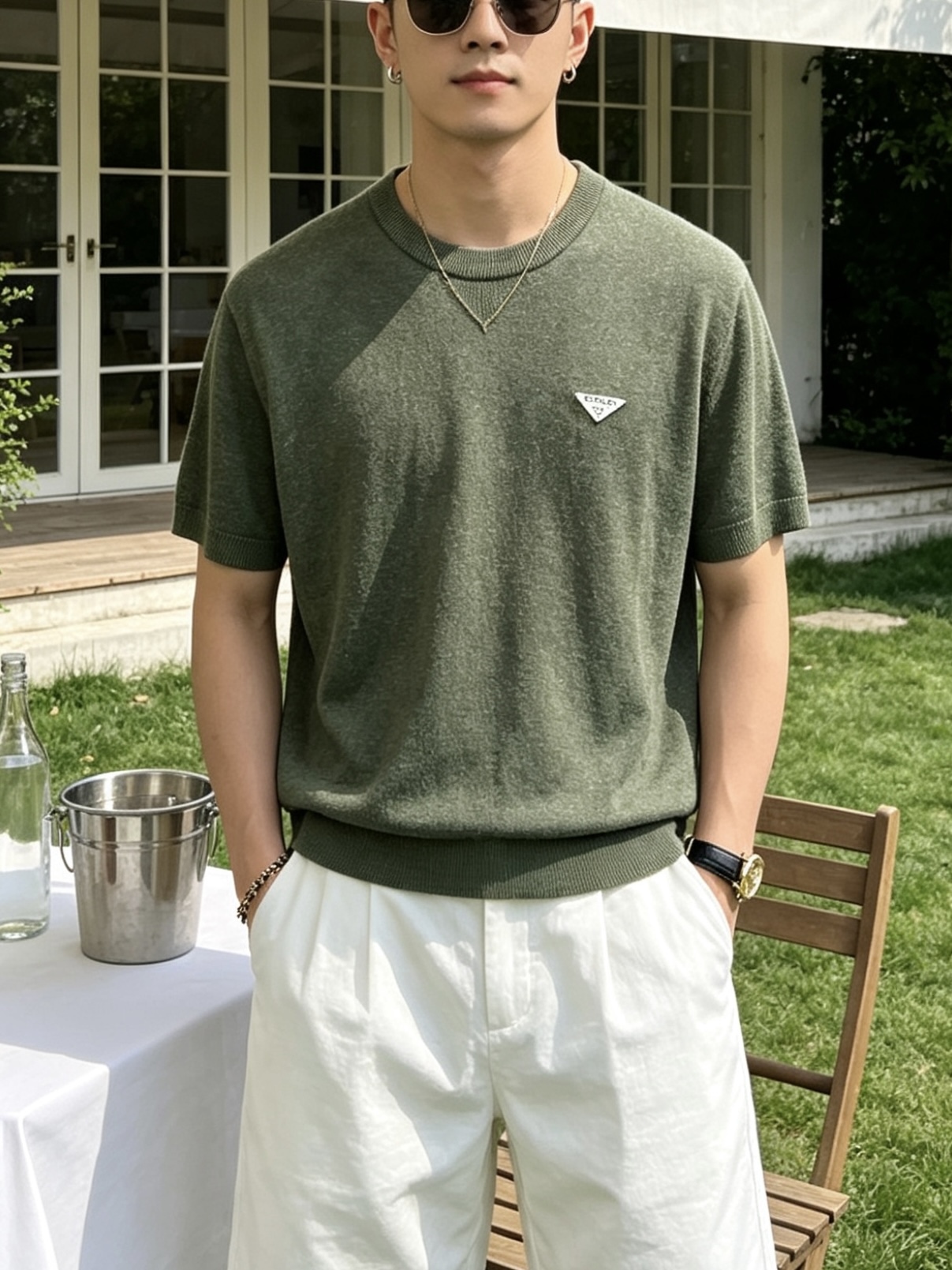 普拉达(PRADA)圆领三角标针织短袖T恤尺码M-3XL｜▫ 麻灰绿/燕麦米两色可选，低饱和色调不挑肤色