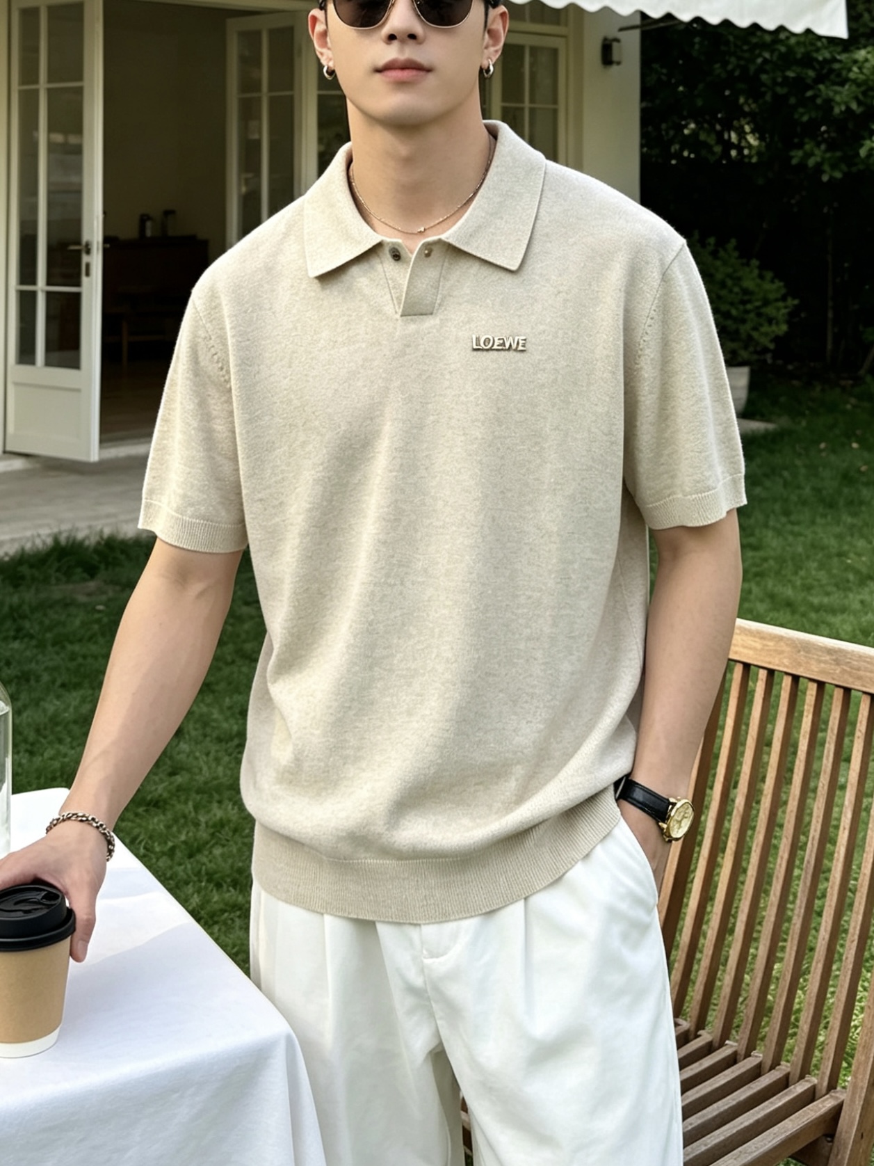 罗意威(LOEWE)针织Polo短袖T恤尺码M-3XL｜▫ 深棕/燕麦米两色可选，低饱和色调适配度高，可