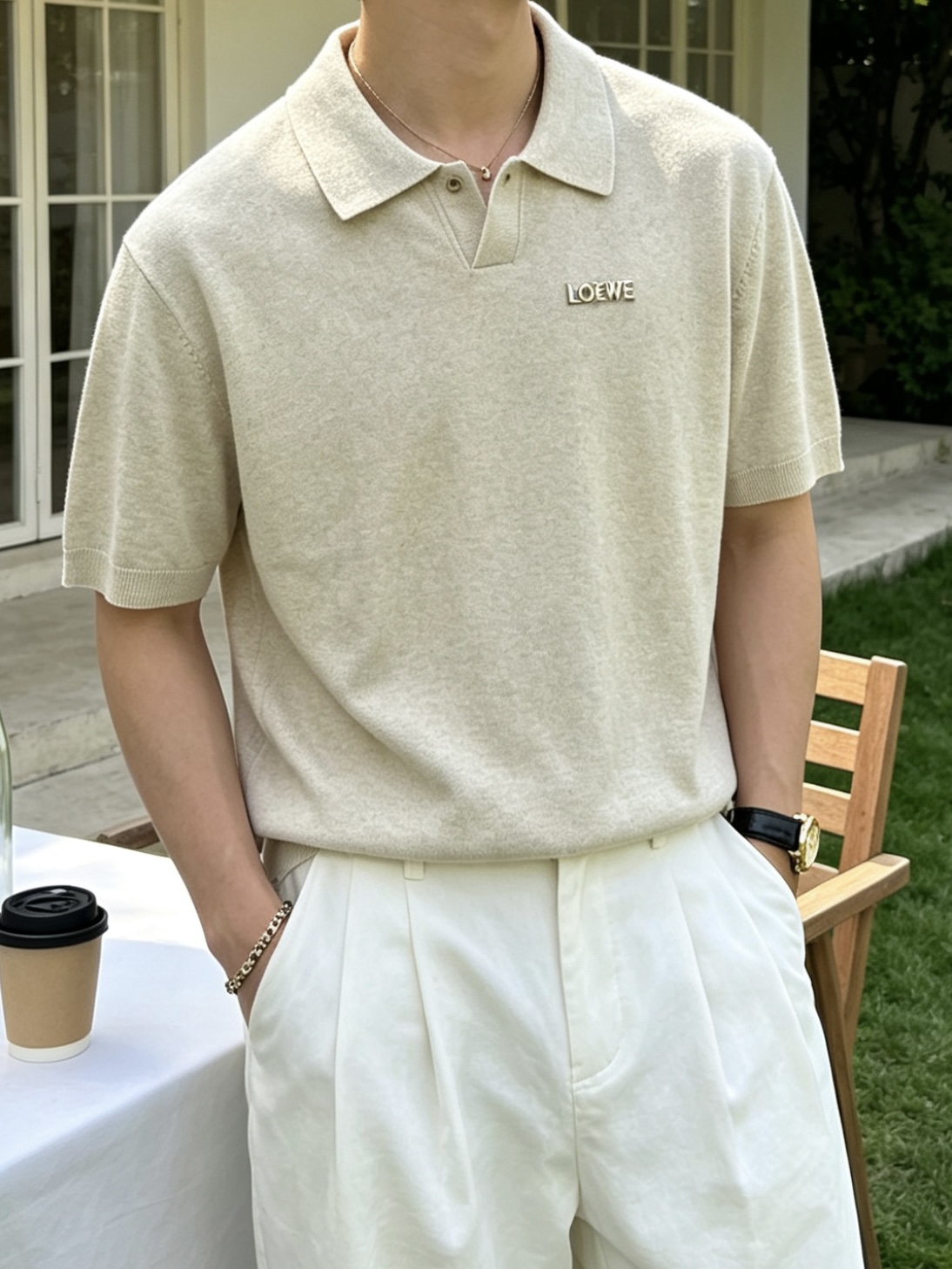 罗意威(LOEWE)针织Polo短袖T恤尺码M-3XL｜▫ 深棕/燕麦米两色可选，低饱和色调适配度高，可