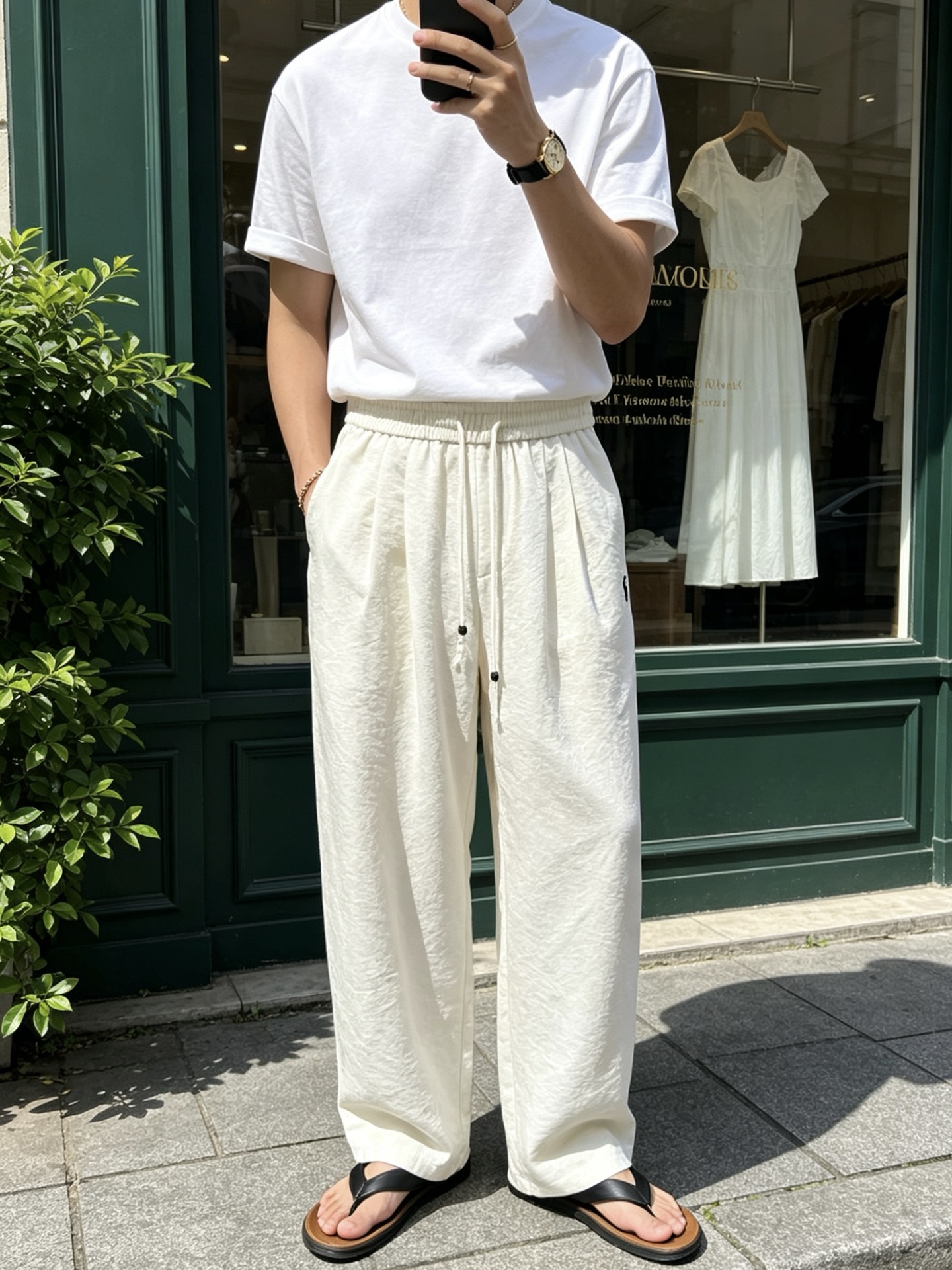 拉夫劳伦(Ralph Lauren)小马刺绣松紧腰阔腿休闲裤尺码S-XL｜▫ 深灰竖纹/奶白两色可选，适