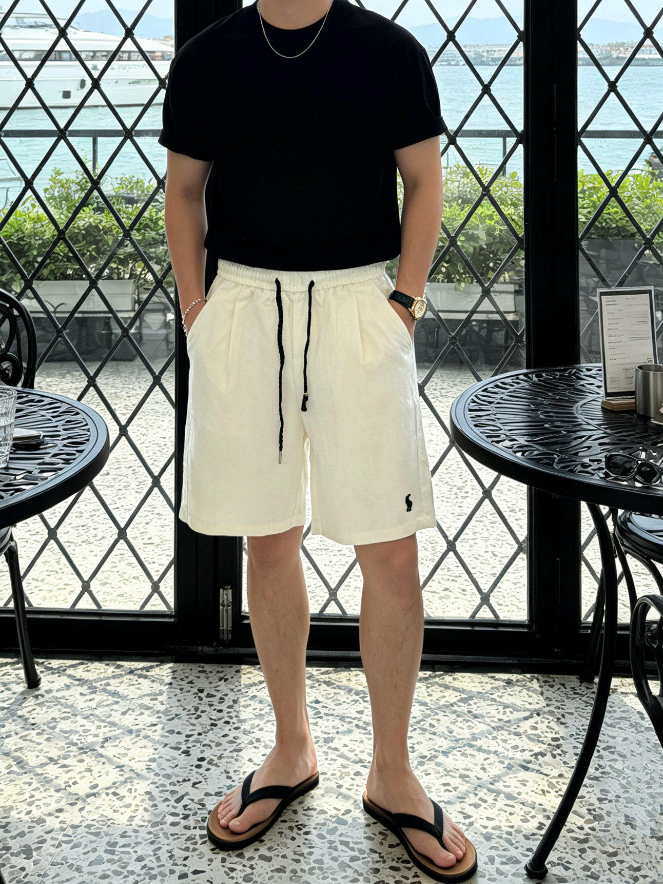 拉夫劳伦(Ralph Lauren)撞色腰头抽绳休闲短裤尺码M-3XL｜▫ 米白/黑色两色可选，撞色腰头