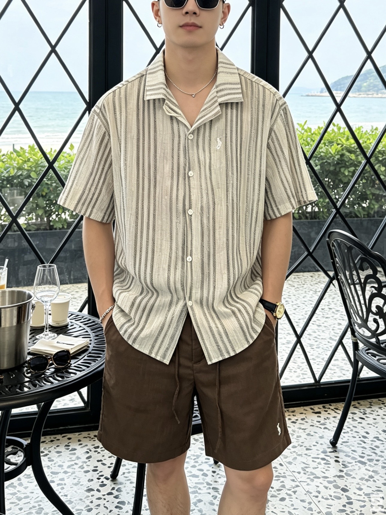 拉夫劳伦(Ralph Lauren)竖条纹古巴领短袖衬衫尺码M-XL｜▫ 咖棕条纹/灰调条纹两色可选，低
