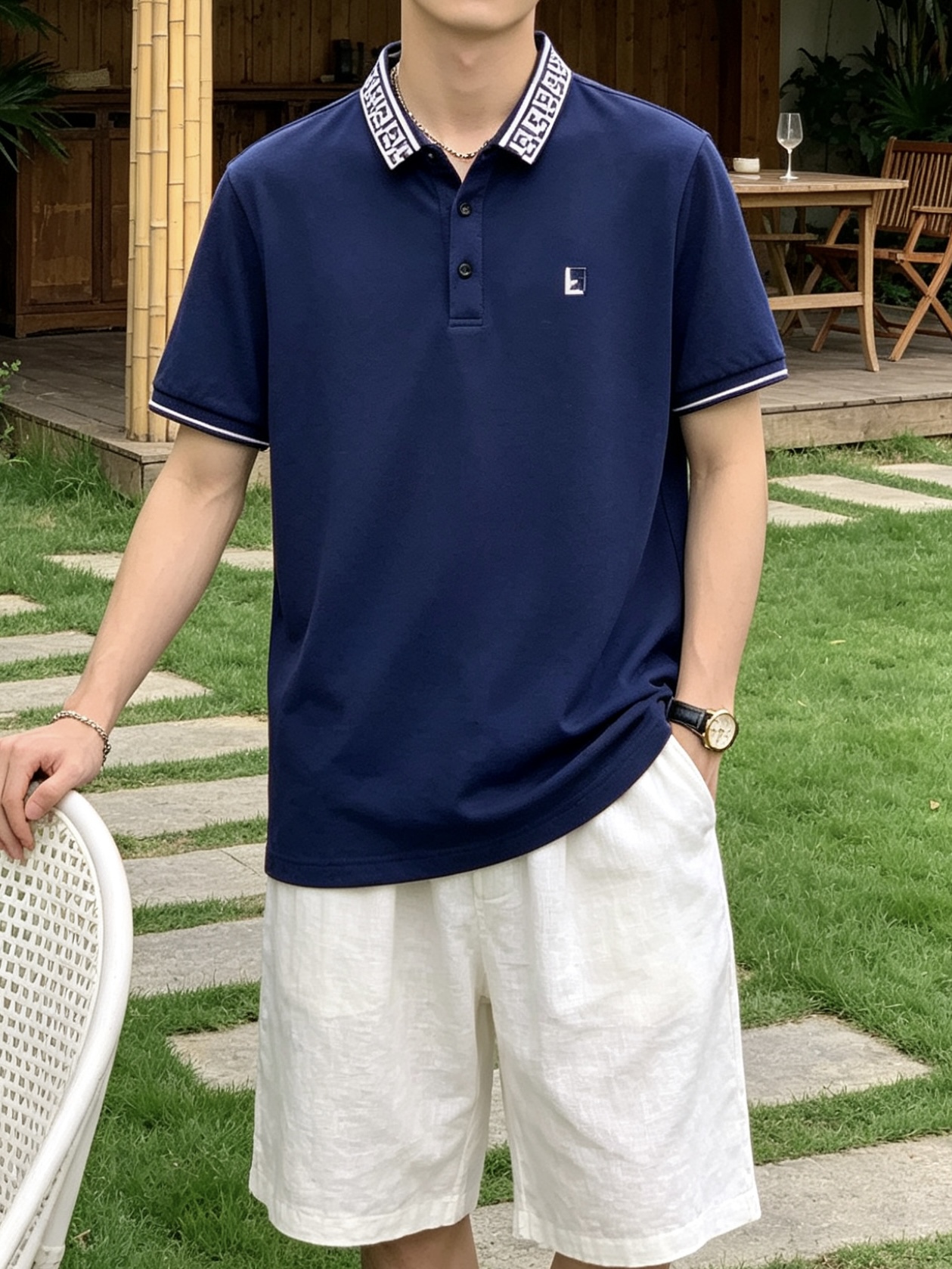 芬迪(FENDI)双F提花领短袖Polo衫尺码M-3XL｜▫配色分经典白、藏青两色，白色清爽干净适配浅色