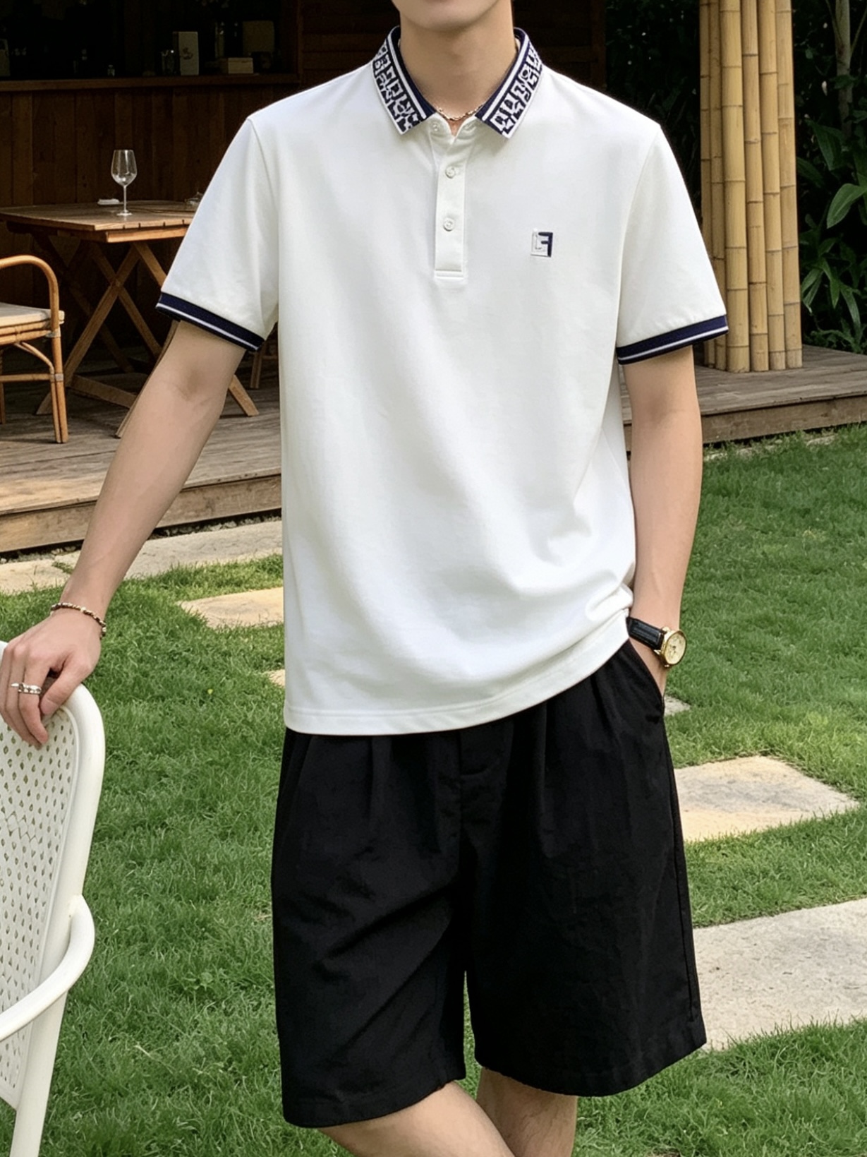 芬迪(FENDI)双F提花领短袖Polo衫尺码M-3XL｜▫配色分经典白、藏青两色，白色清爽干净适配浅色