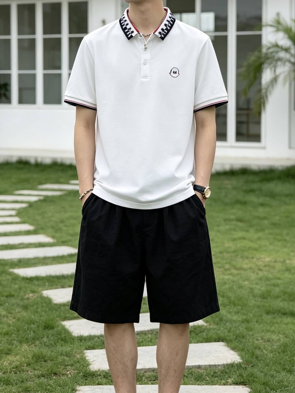 盟可睐(MONCLER)满印M纹领短袖Polo衫尺码M-3XL｜▫配色分为纯白、藏青两款，白色清爽柔和适