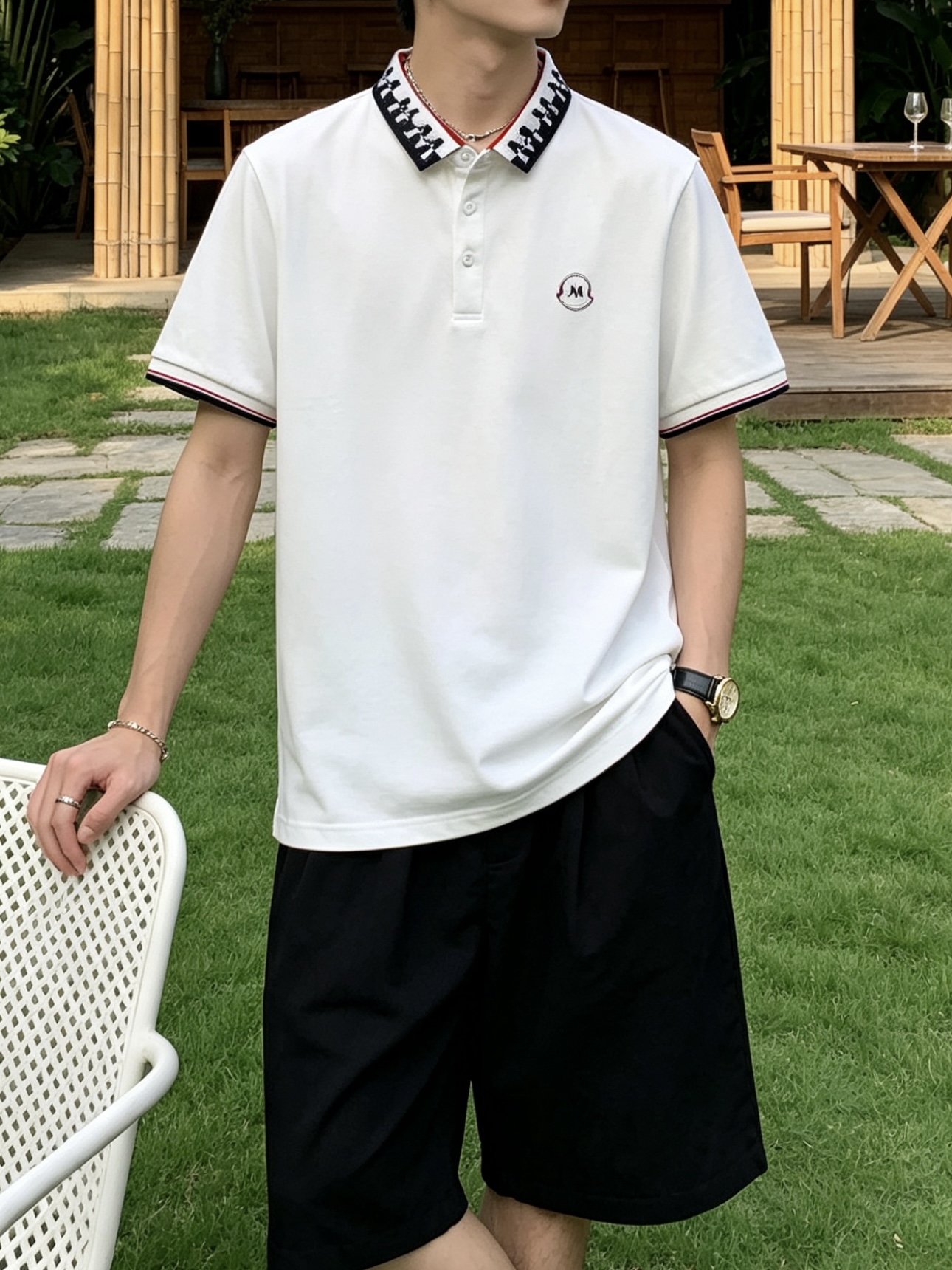 盟可睐(MONCLER)满印M纹领短袖Polo衫尺码M-3XL｜▫配色分为纯白、藏青两款，白色清爽柔和适