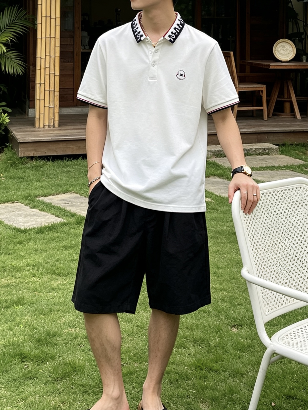 盟可睐(MONCLER)满印M纹领短袖Polo衫尺码M-3XL｜▫配色分为纯白、藏青两款，白色清爽柔和适