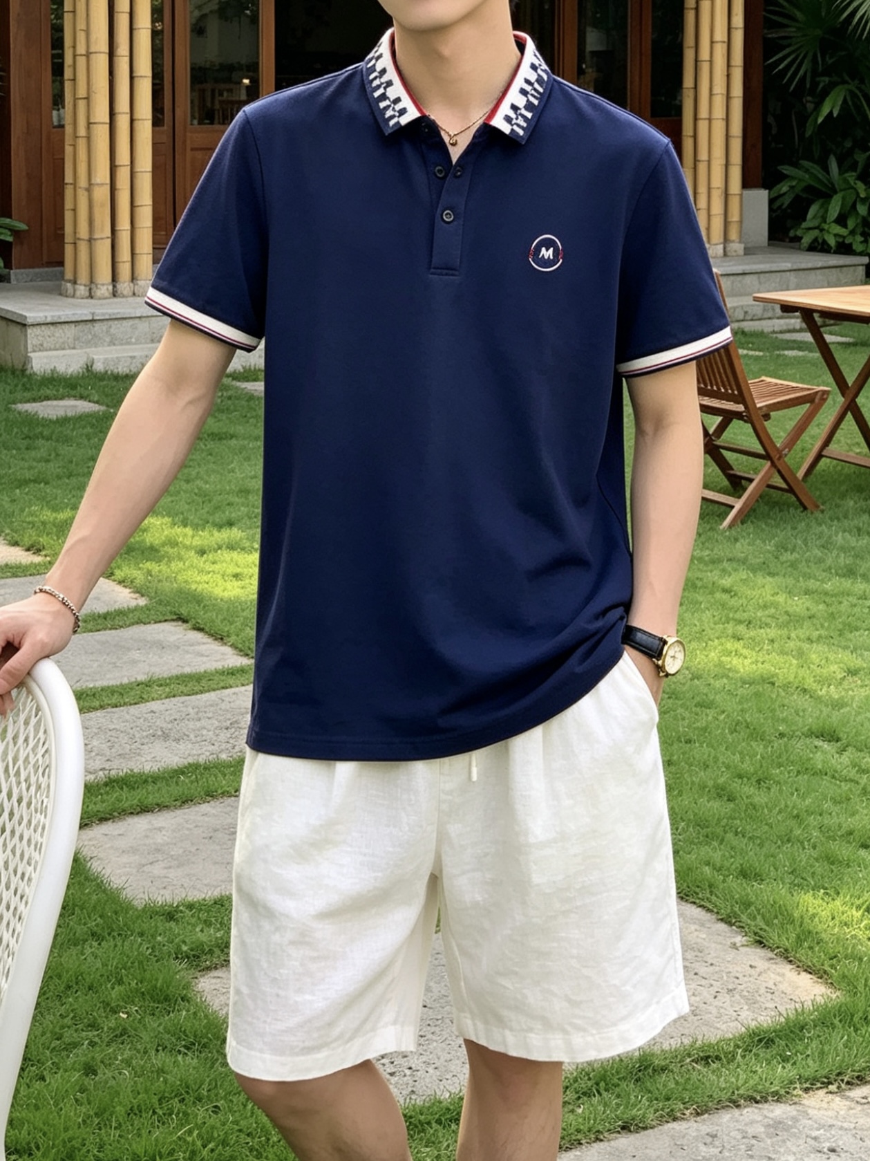 盟可睐(MONCLER)满印M纹领短袖Polo衫尺码M-3XL｜▫配色分为纯白、藏青两款，白色清爽柔和适