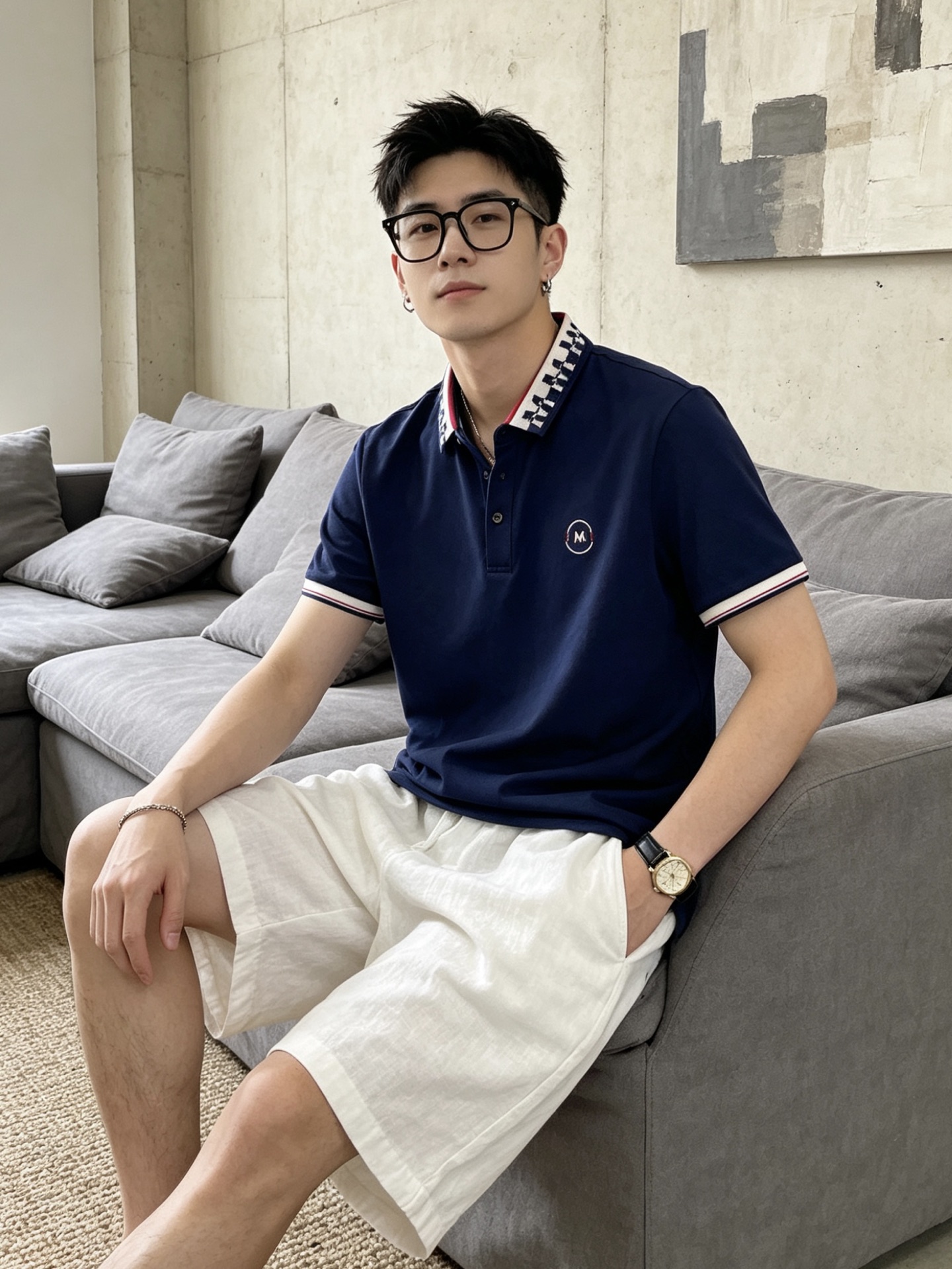 盟可睐(MONCLER)满印M纹领短袖Polo衫尺码M-3XL｜▫配色分为纯白、藏青两款，白色清爽柔和适