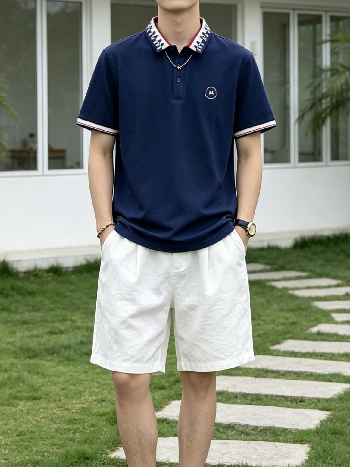 盟可睐(MONCLER)满印M纹领短袖Polo衫尺码M-3XL｜▫配色分为纯白、藏青两款，白色清爽柔和适