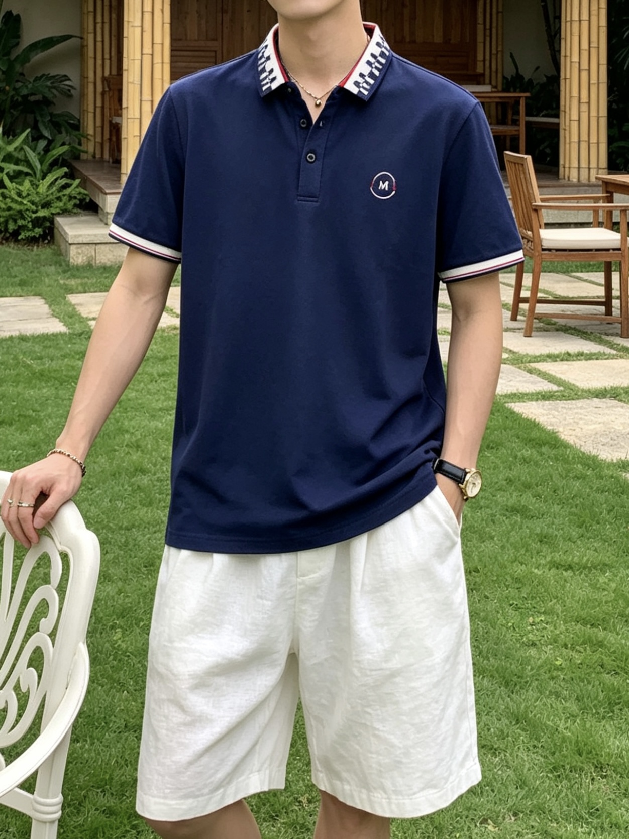 盟可睐(MONCLER)满印M纹领短袖Polo衫尺码M-3XL｜▫配色分为纯白、藏青两款，白色清爽柔和适