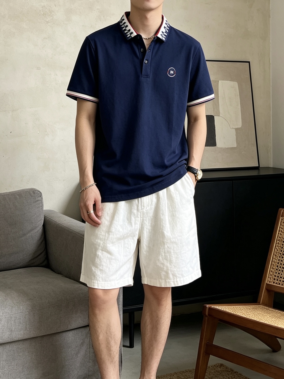 盟可睐(MONCLER)满印M纹领短袖Polo衫尺码M-3XL｜▫配色分为纯白、藏青两款，白色清爽柔和适