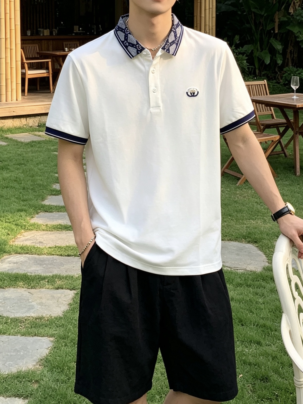 古驰(GUCCI)菱格双G提花领短袖Polo衫尺码M-3XL｜▫配色分为纯净白、藏青两色，白色清爽减龄适