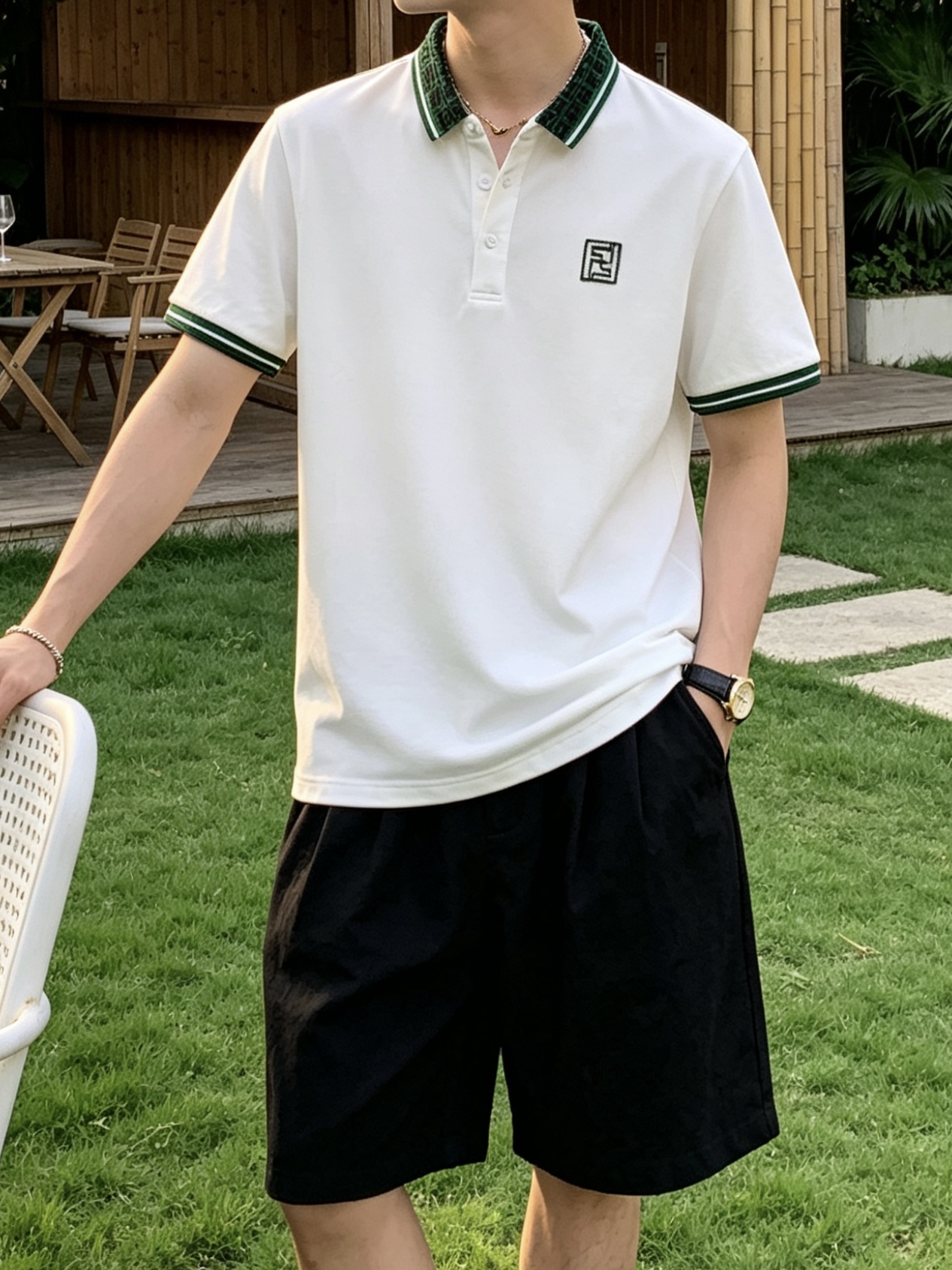 芬迪(FENDI)绿纹双F领短袖Polo衫尺码M-3XL｜▫配色分经典黑、纯净白两款，黑色低调酷感适配牛