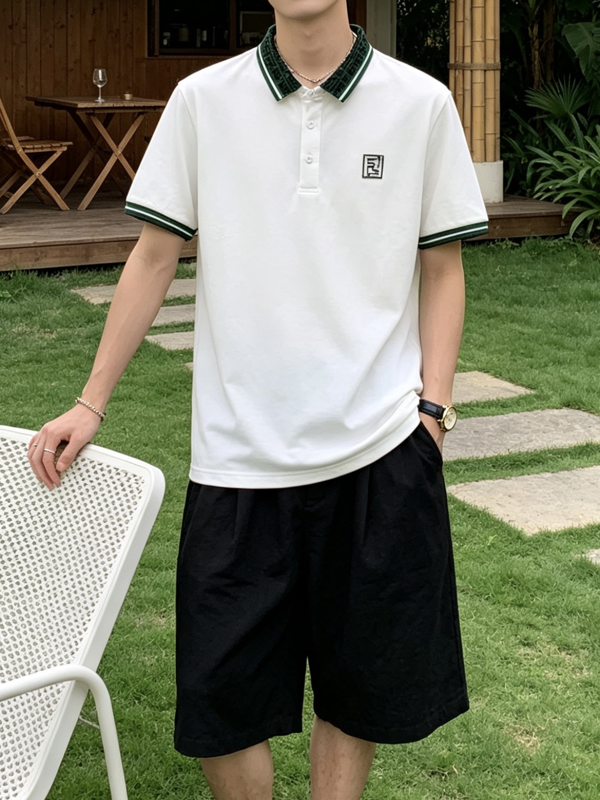 芬迪(FENDI)绿纹双F领短袖Polo衫尺码M-3XL｜▫配色分经典黑、纯净白两款，黑色低调酷感适配牛