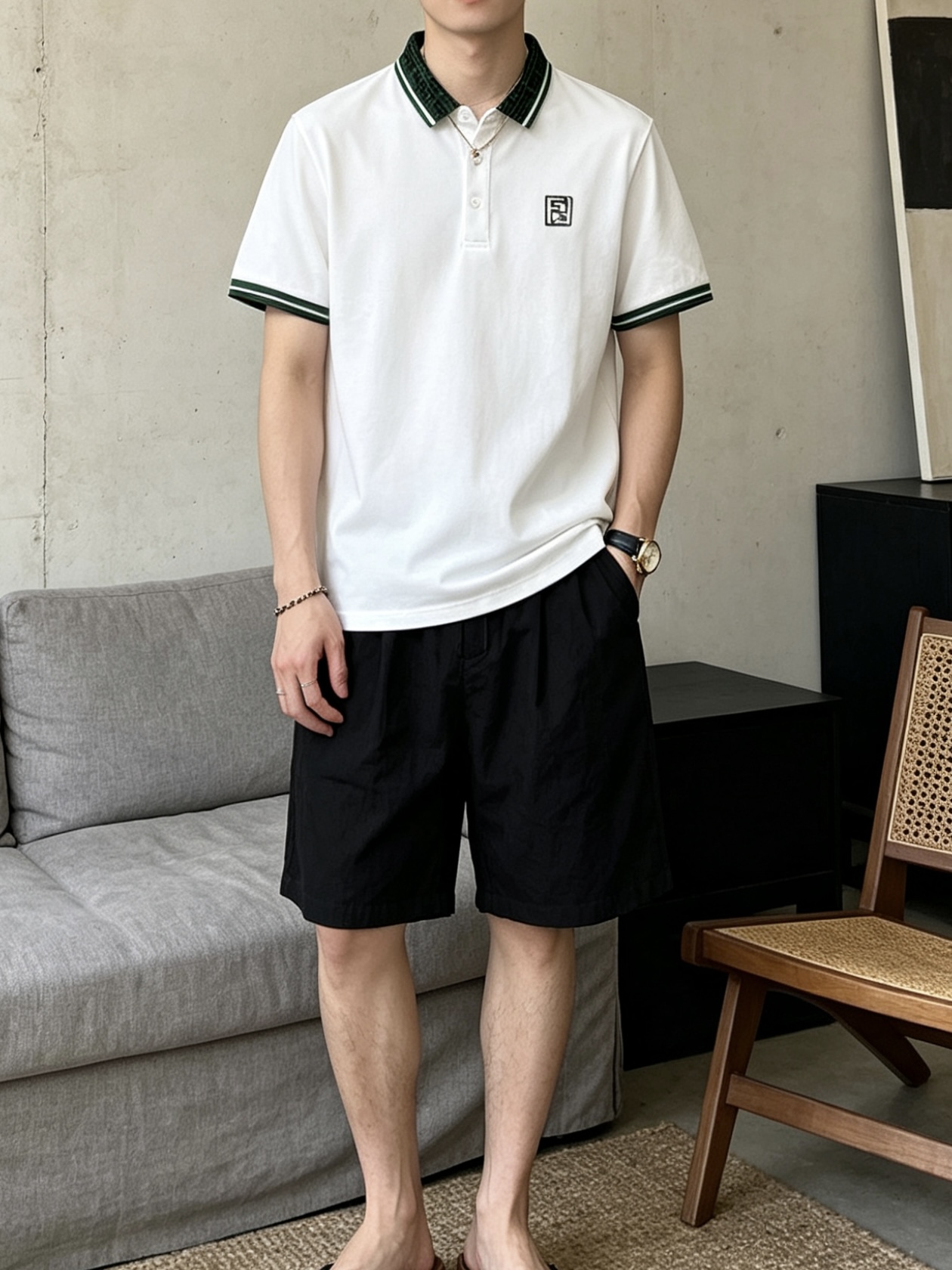 芬迪(FENDI)绿纹双F领短袖Polo衫尺码M-3XL｜▫配色分经典黑、纯净白两款，黑色低调酷感适配牛