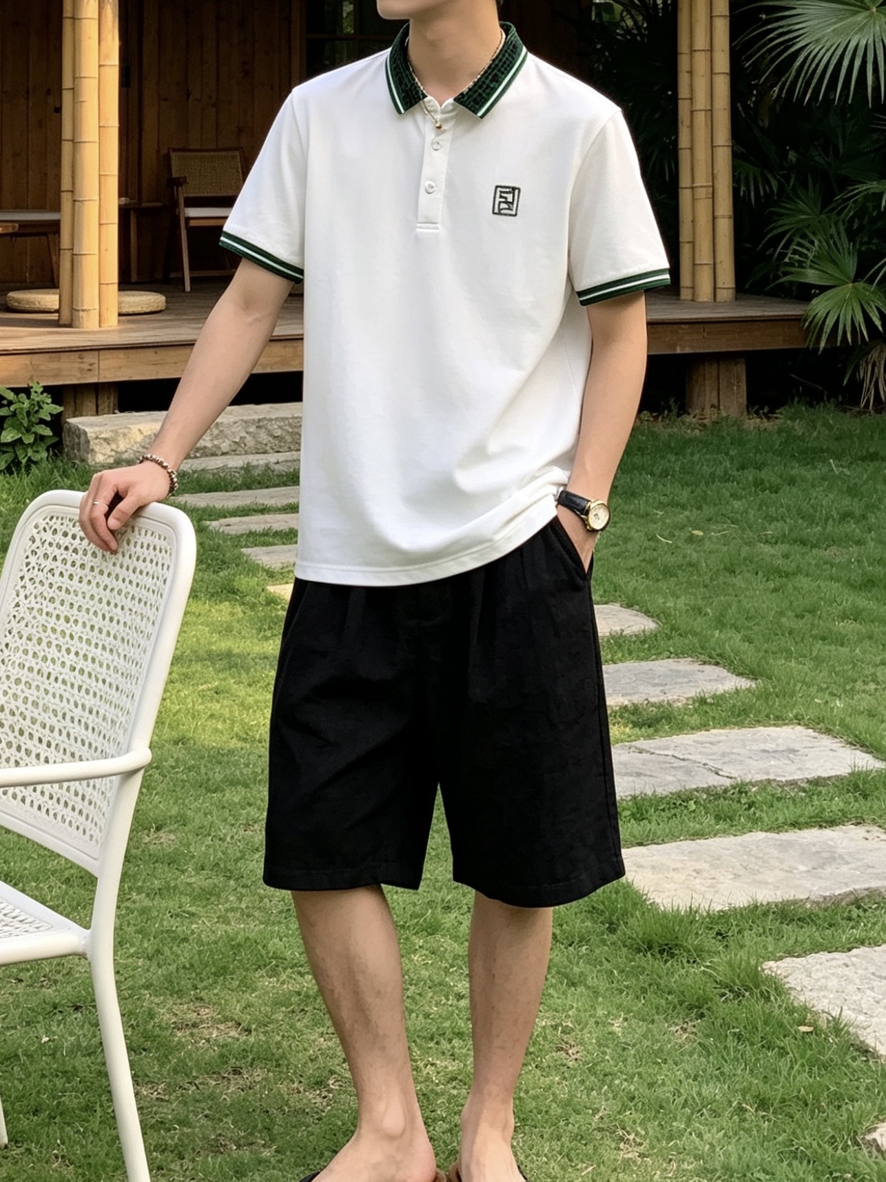 芬迪(FENDI)绿纹双F领短袖Polo衫尺码M-3XL｜▫配色分经典黑、纯净白两款，黑色低调酷感适配牛