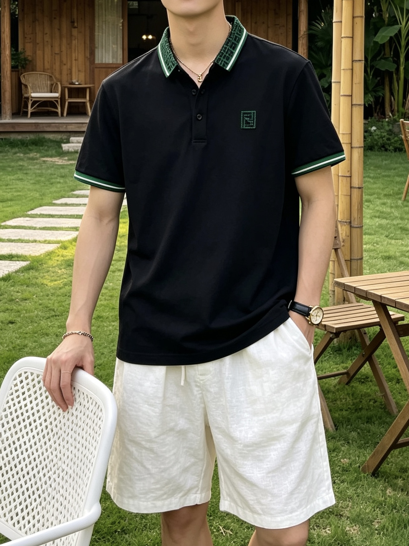 芬迪(FENDI)绿纹双F领短袖Polo衫尺码M-3XL｜▫配色分经典黑、纯净白两款，黑色低调酷感适配牛