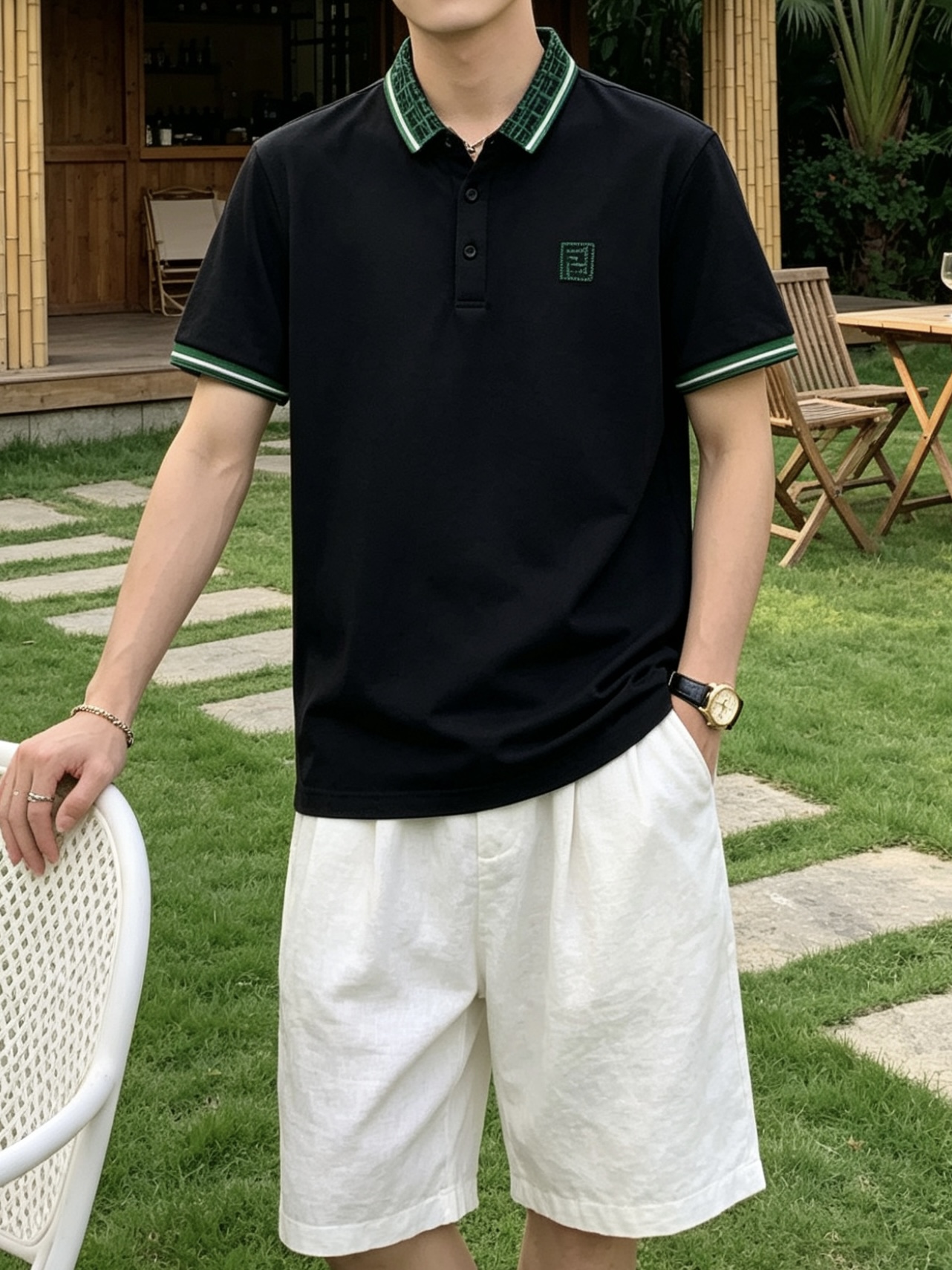 芬迪(FENDI)绿纹双F领短袖Polo衫尺码M-3XL｜▫配色分经典黑、纯净白两款，黑色低调酷感适配牛
