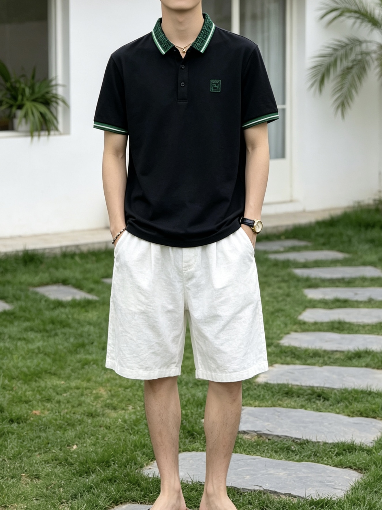 芬迪(FENDI)绿纹双F领短袖Polo衫尺码M-3XL｜▫配色分经典黑、纯净白两款，黑色低调酷感适配牛