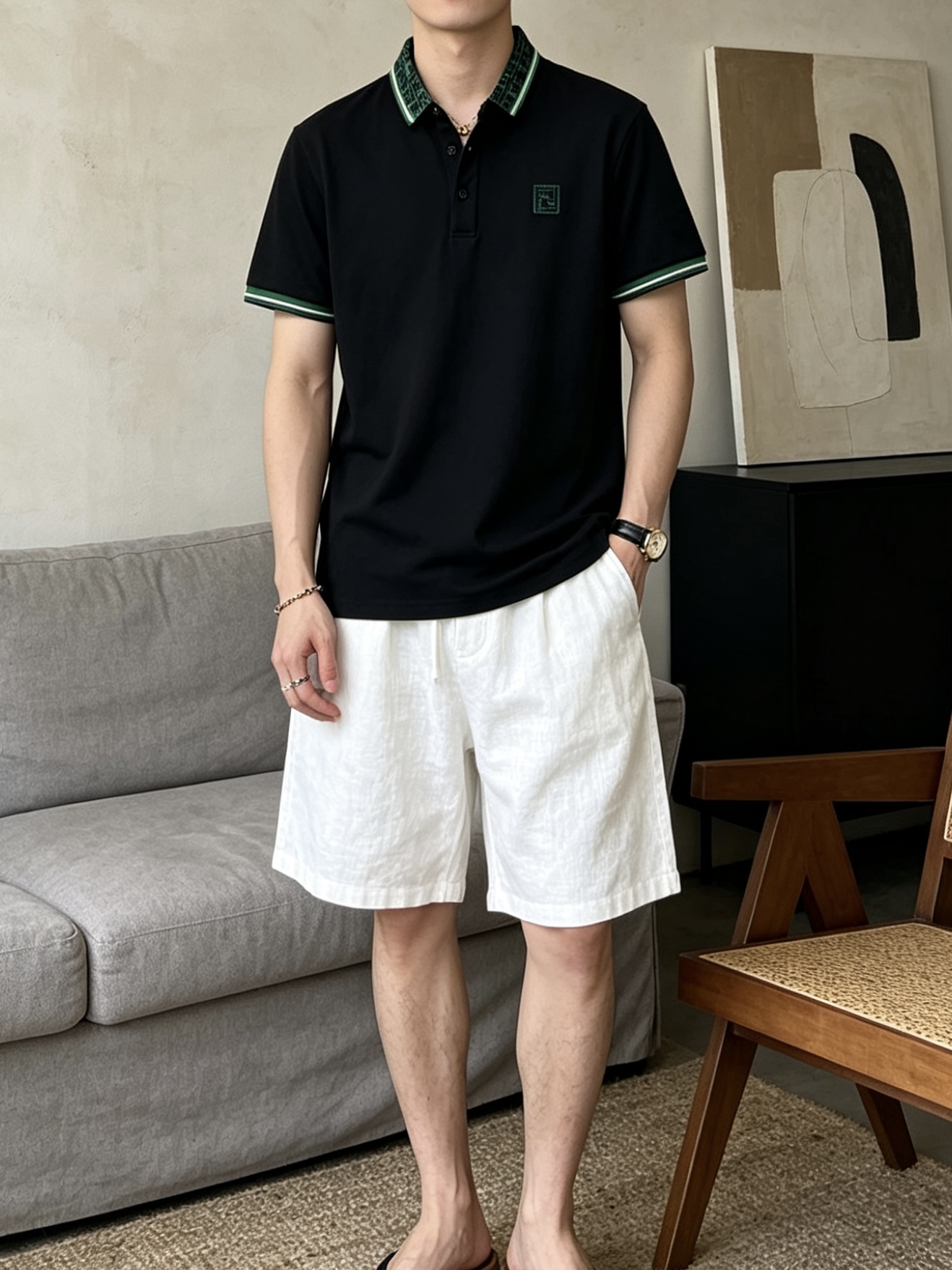 芬迪(FENDI)绿纹双F领短袖Polo衫尺码M-3XL｜▫配色分经典黑、纯净白两款，黑色低调酷感适配牛