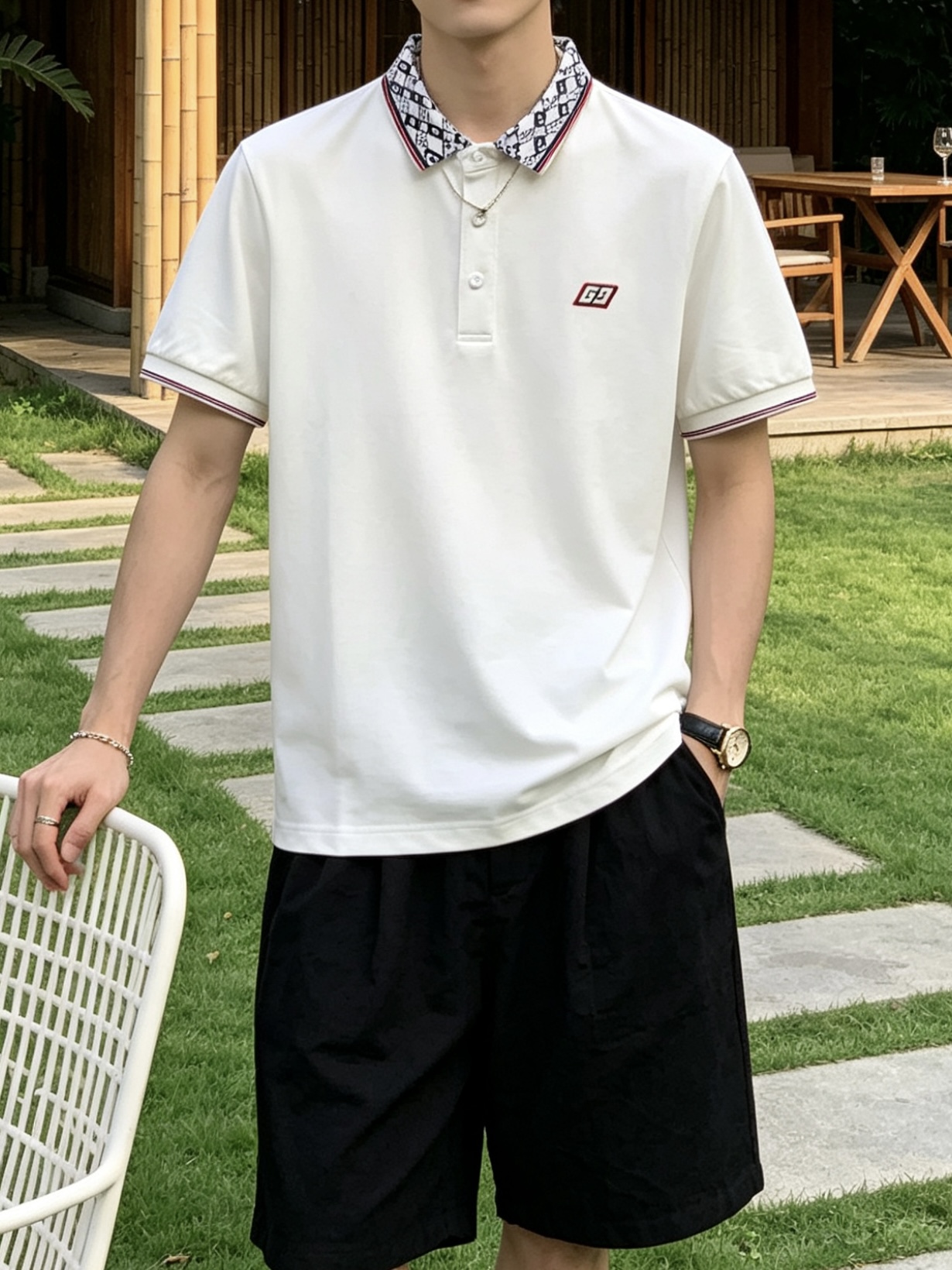古驰(GUCCI)满印双G撞色领短袖Polo衫尺码M-3XL｜▫配色分为藏青、纯白两款，藏青成熟稳重适配