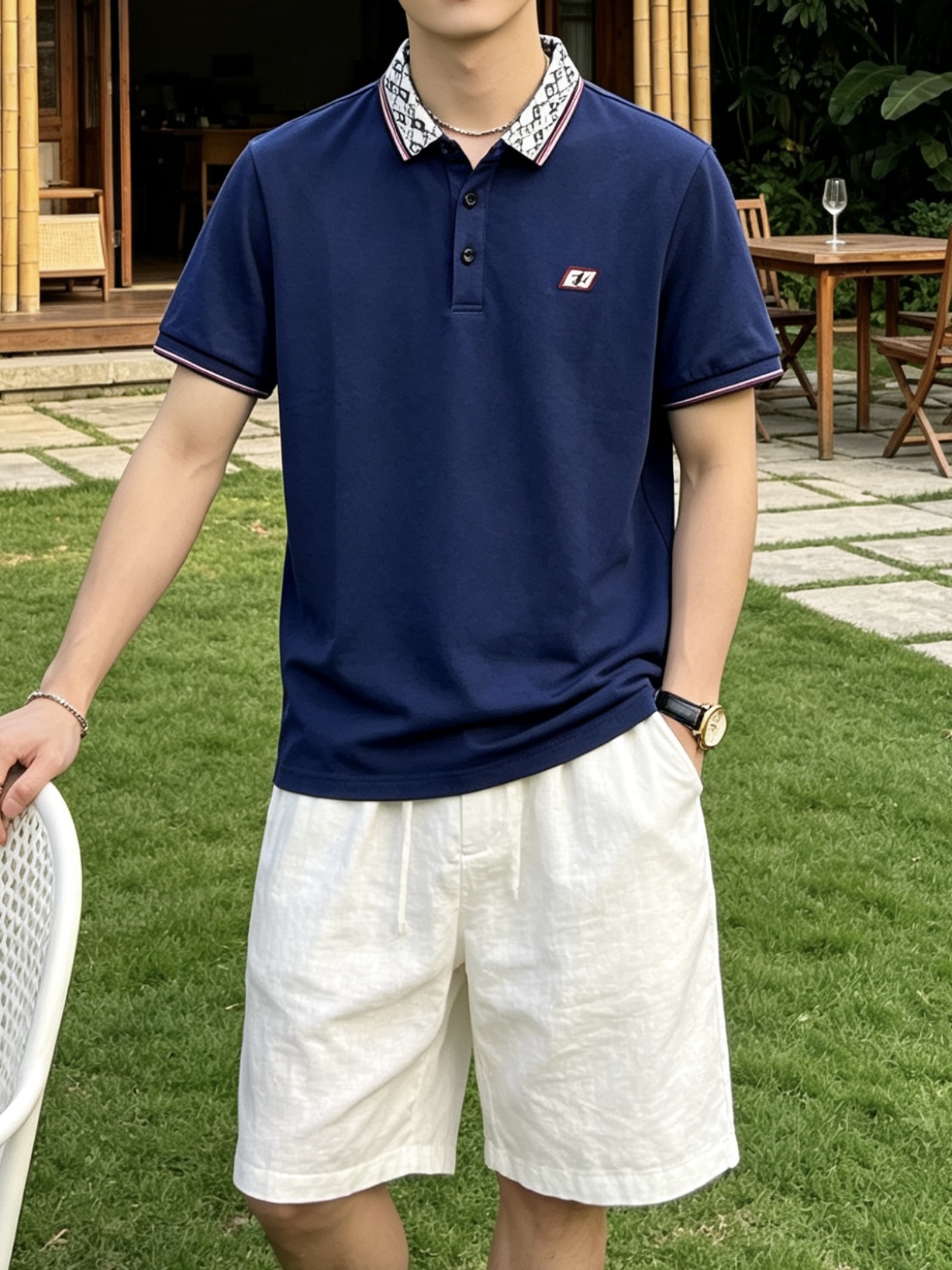 古驰(GUCCI)满印双G撞色领短袖Polo衫尺码M-3XL｜▫配色分为藏青、纯白两款，藏青成熟稳重适配